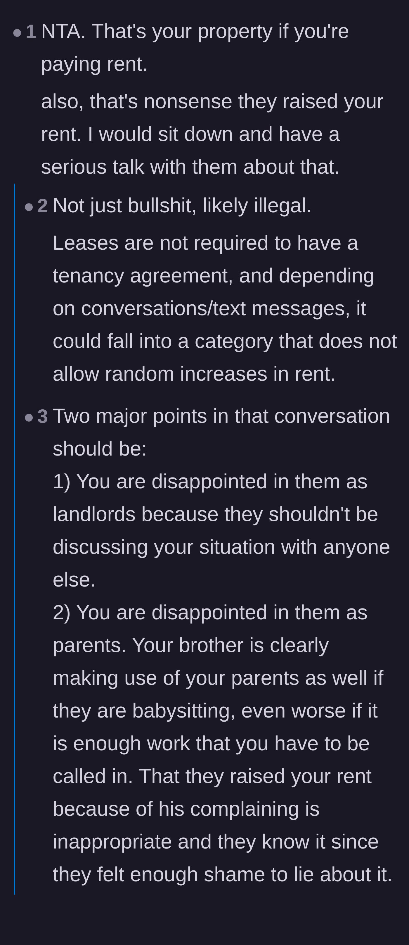 Comment thread 2 - Advice on tenant rights, illegal rent increases, and treating family members like actual landlords.