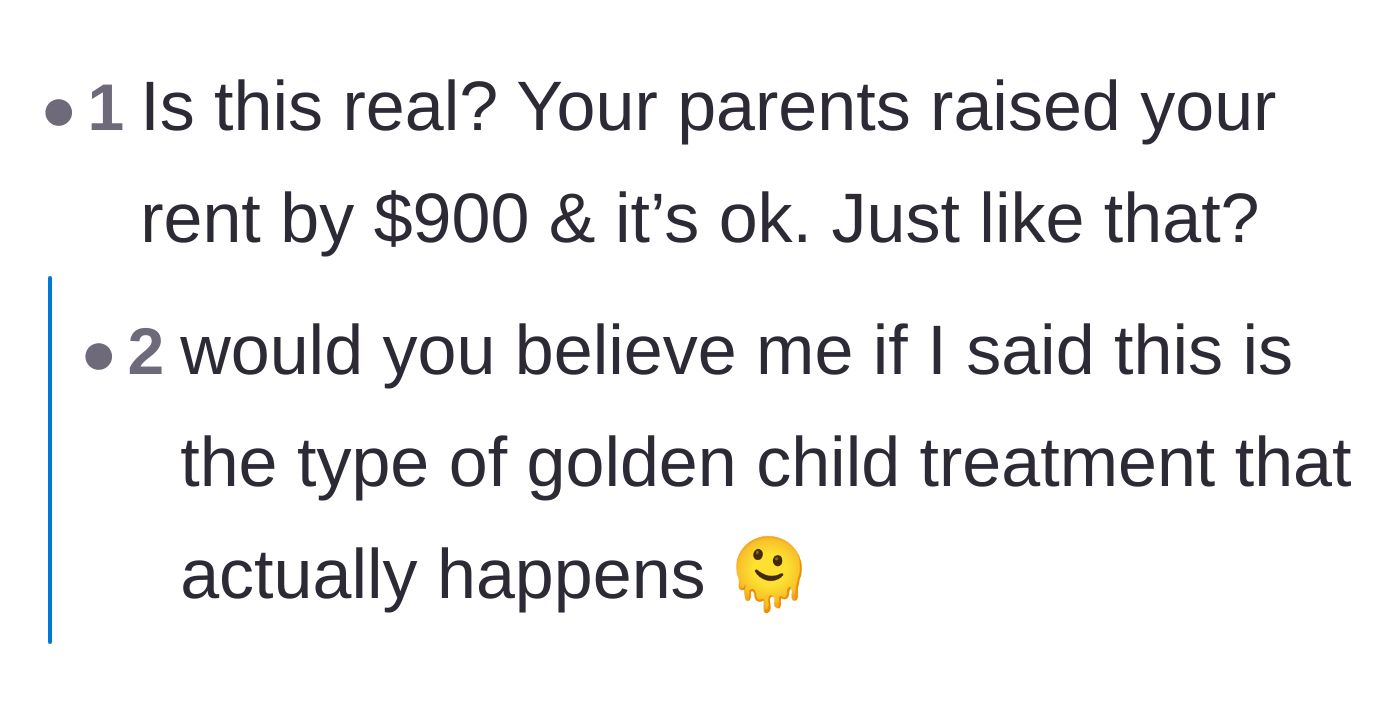 Comment thread 4 - A commenter expressing shock at the casual $900 rent increase, with a reply about golden child treatment.