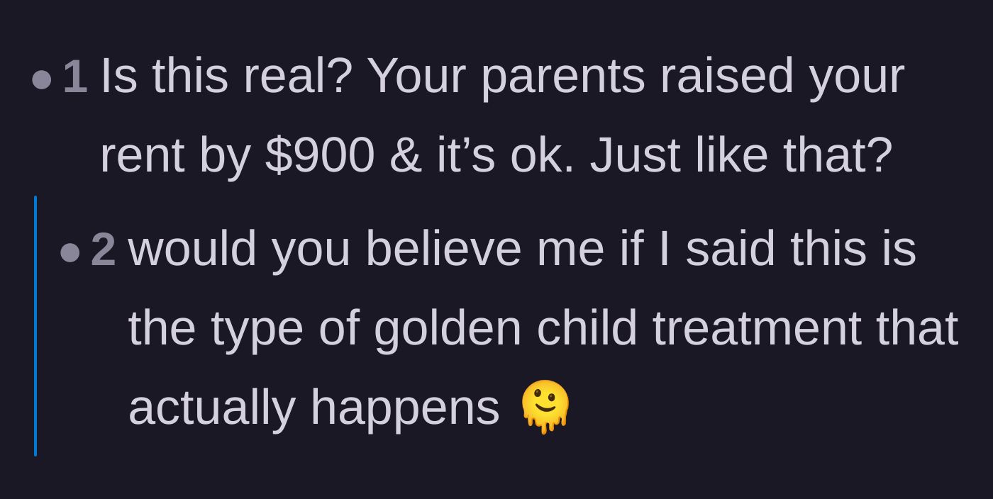 Comment thread 4 - A commenter expressing shock at the casual $900 rent increase, with a reply about golden child treatment.
