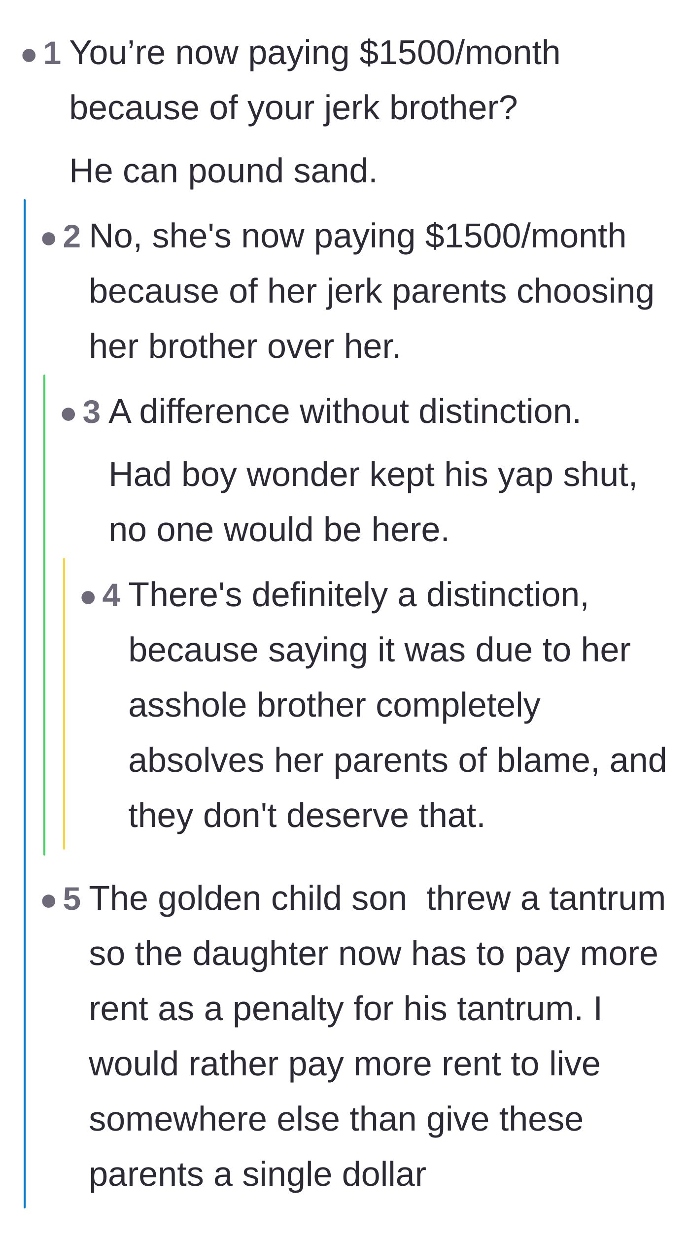 Comment thread 6 - A debate distinguishing between the brother's tantrum and the parents' choice to actually enforce the rent penalty.