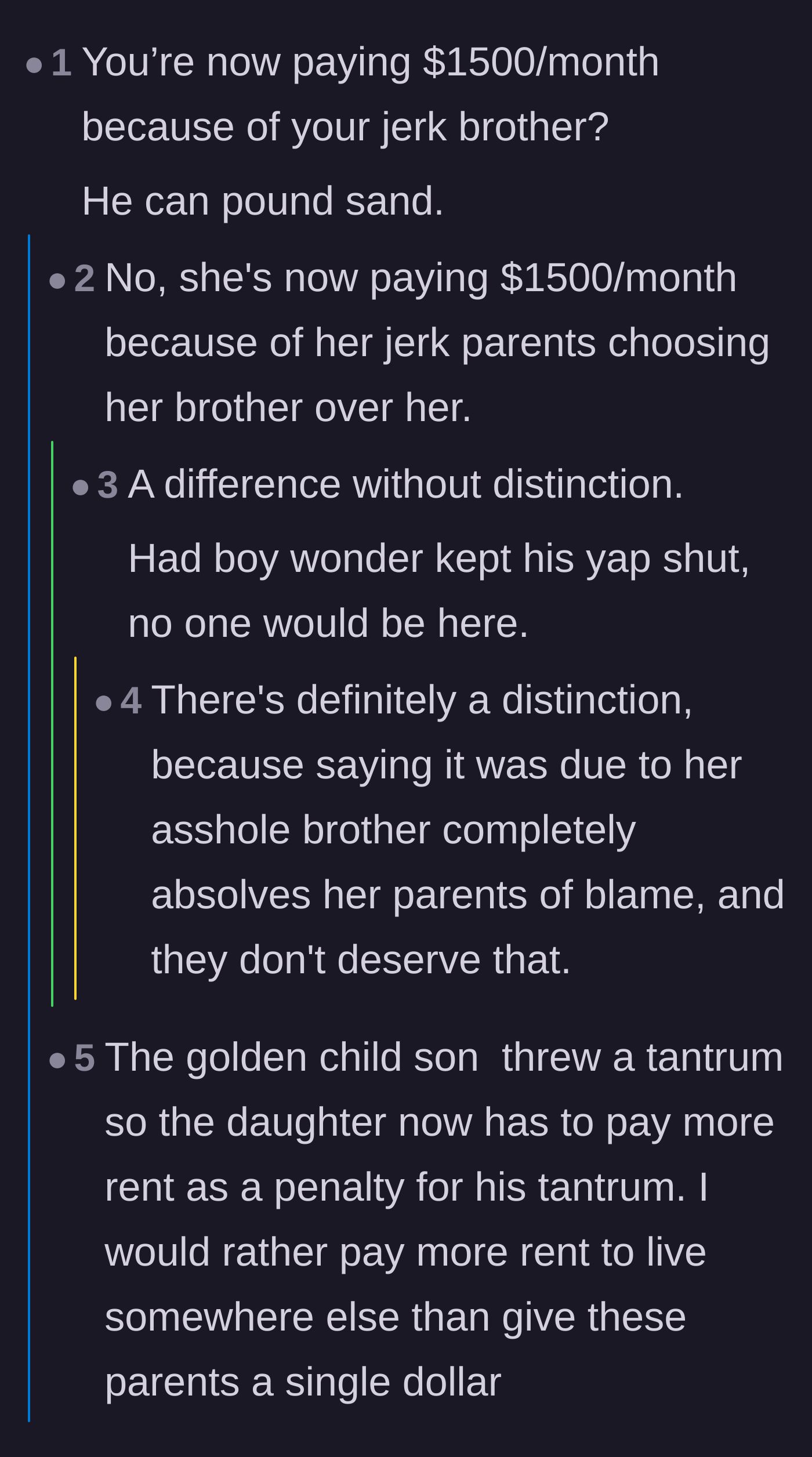 Comment thread 6 - A debate distinguishing between the brother's tantrum and the parents' choice to actually enforce the rent penalty.