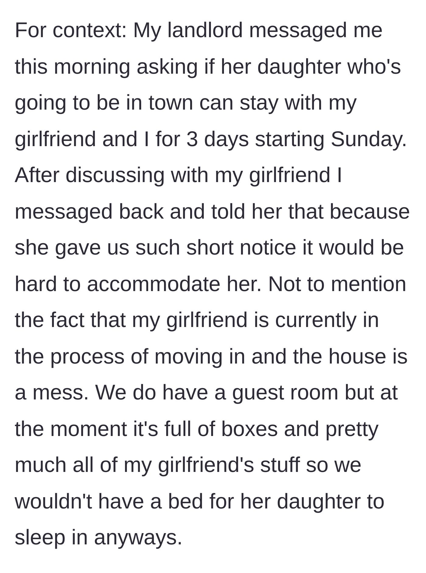 Story part 1 - Landlord texts asking the tenant to host her daughter on 24 hours notice amid chaotic moving boxes.
