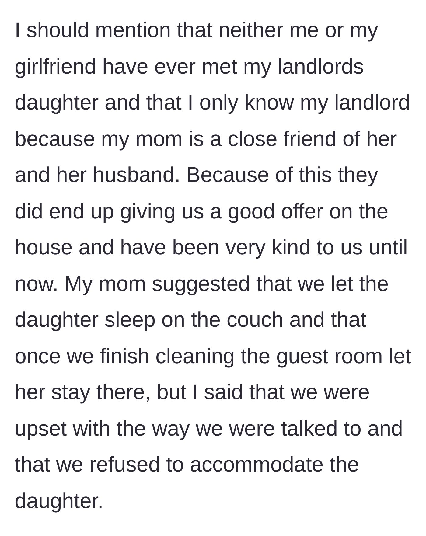 Story part 3 - Explaining the family connection and the tenant's own mother suggesting they compromise with the couch.