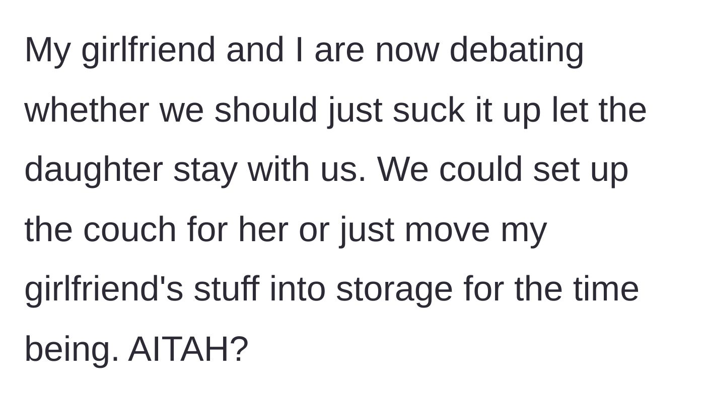 Story part 4 - The couple internally debating whether to just give in and host the stranger to keep the peace.