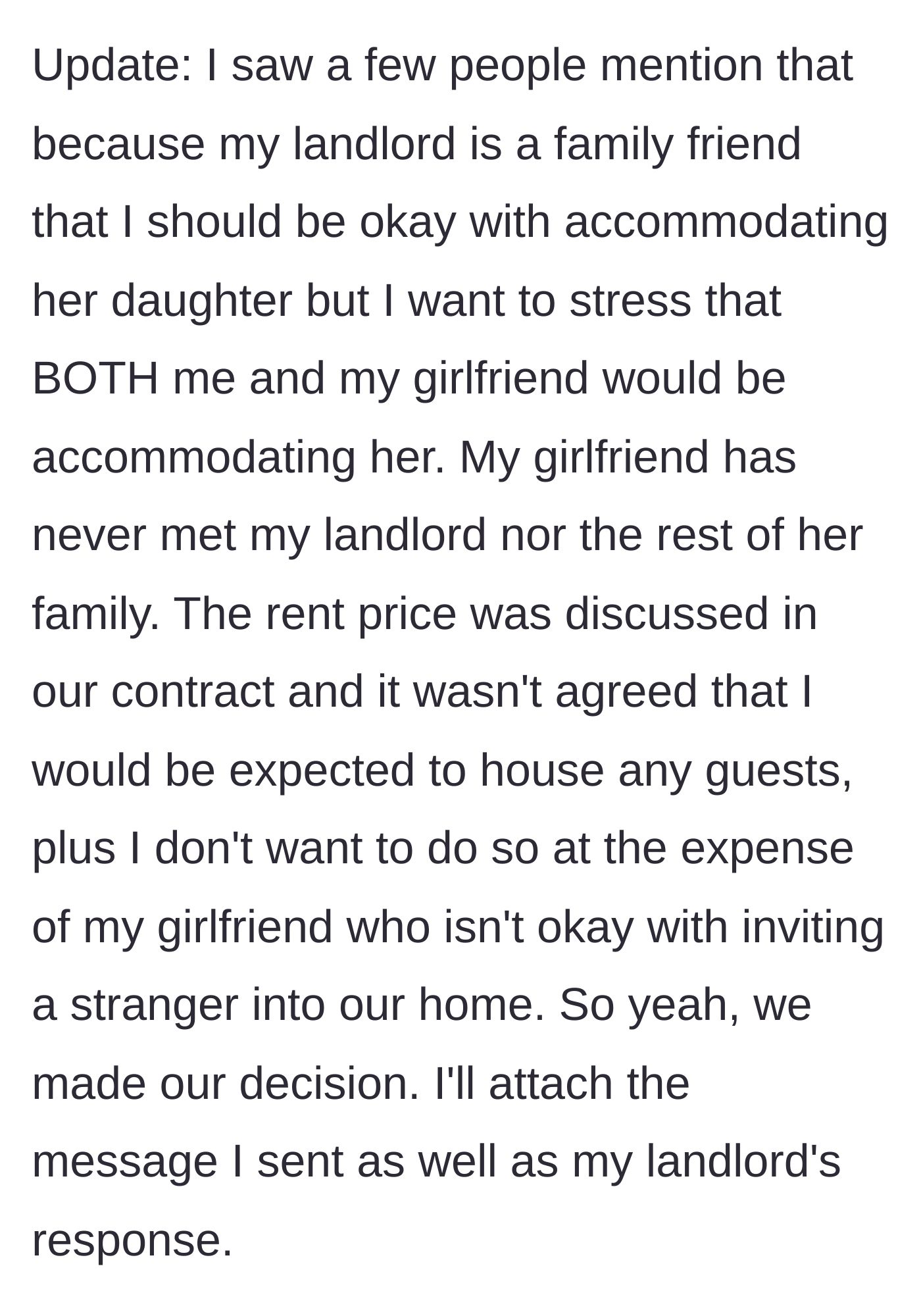 Story part 5 - Tenant firmly deciding not to host, defending their girlfriend's right to peace in her own home.
