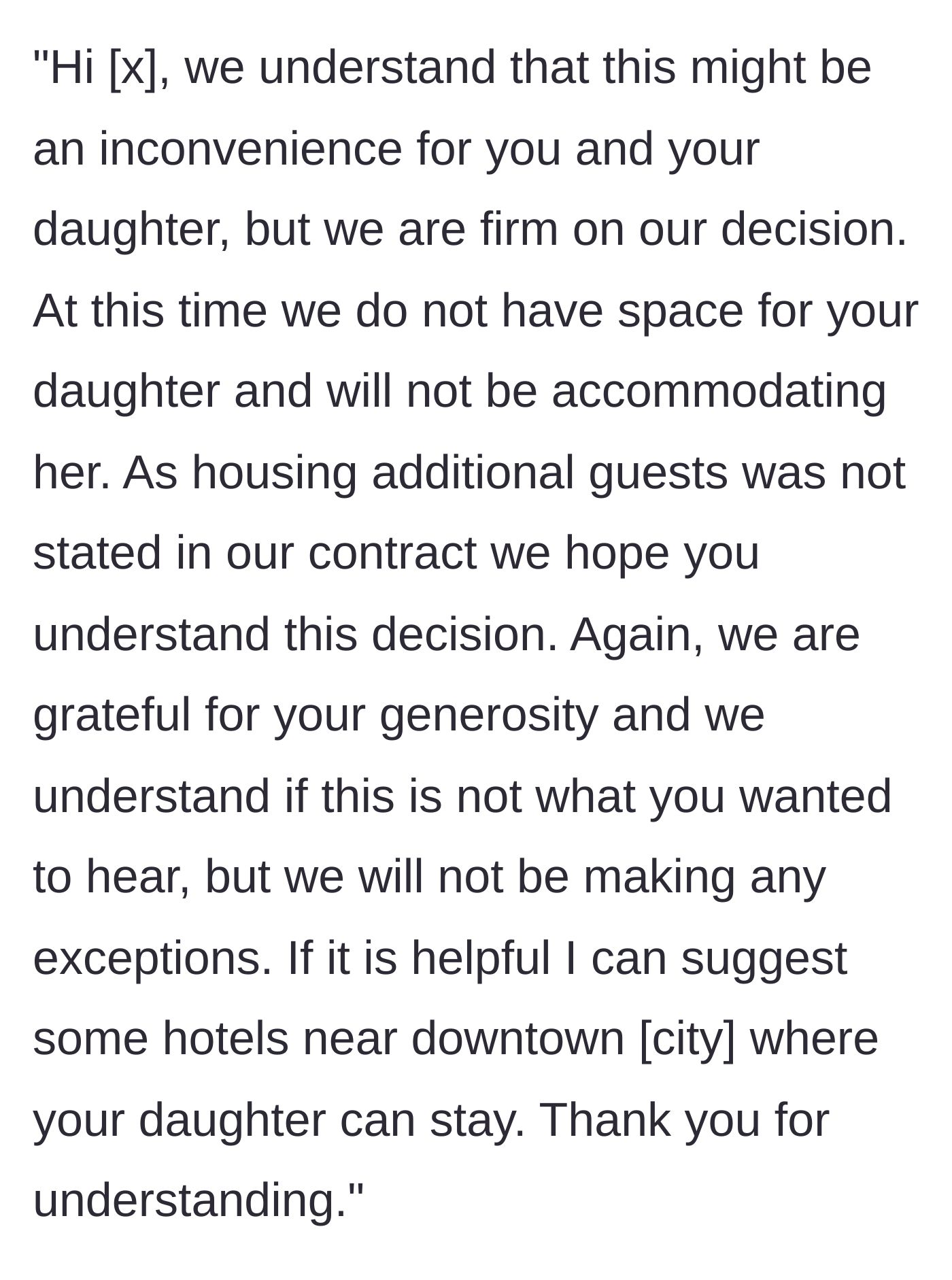 Story part 6 - The polite but ironclad rejection message sent to the landlord citing the lease agreement.