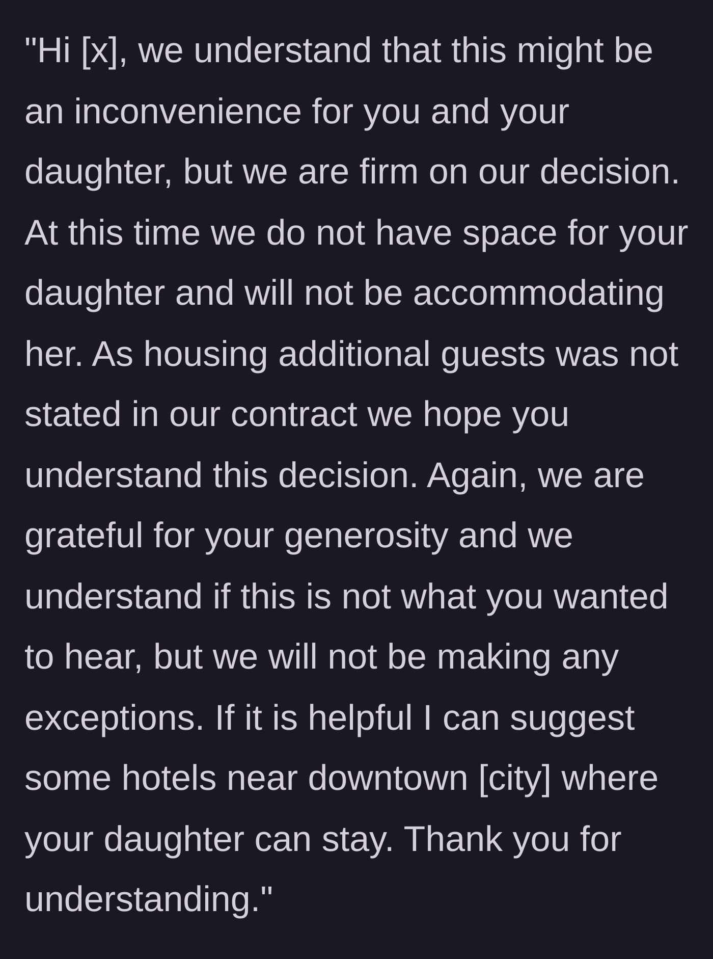 Story part 6 - The polite but ironclad rejection message sent to the landlord citing the lease agreement.