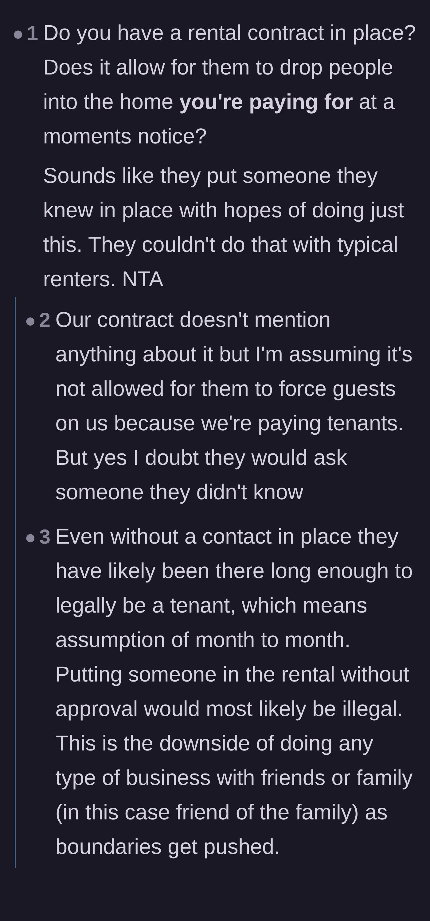 Comment thread 1 - Discussion on tenant rights and the sheer absurdity of the landlord treating the couple like personal chauffeurs.