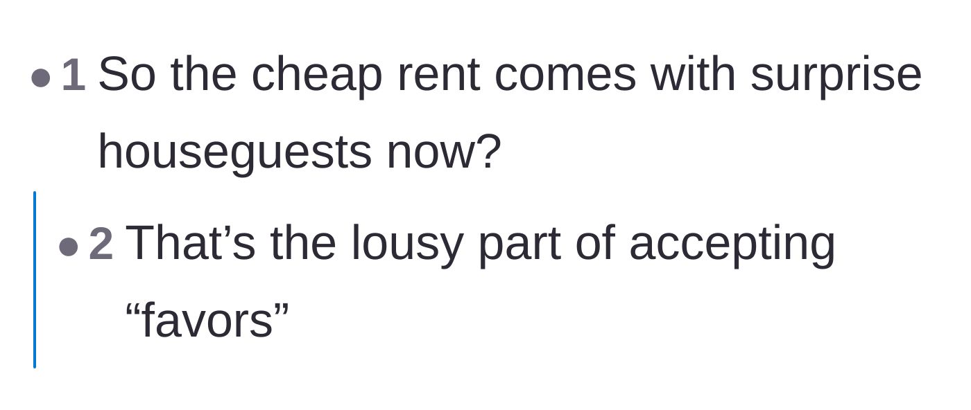 Comment thread 2 - Readers debating the hidden, toxic costs of accepting favors and discounted rent.