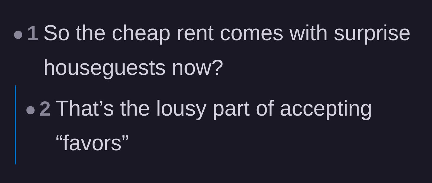 Comment thread 2 - Readers debating the hidden, toxic costs of accepting favors and discounted rent.