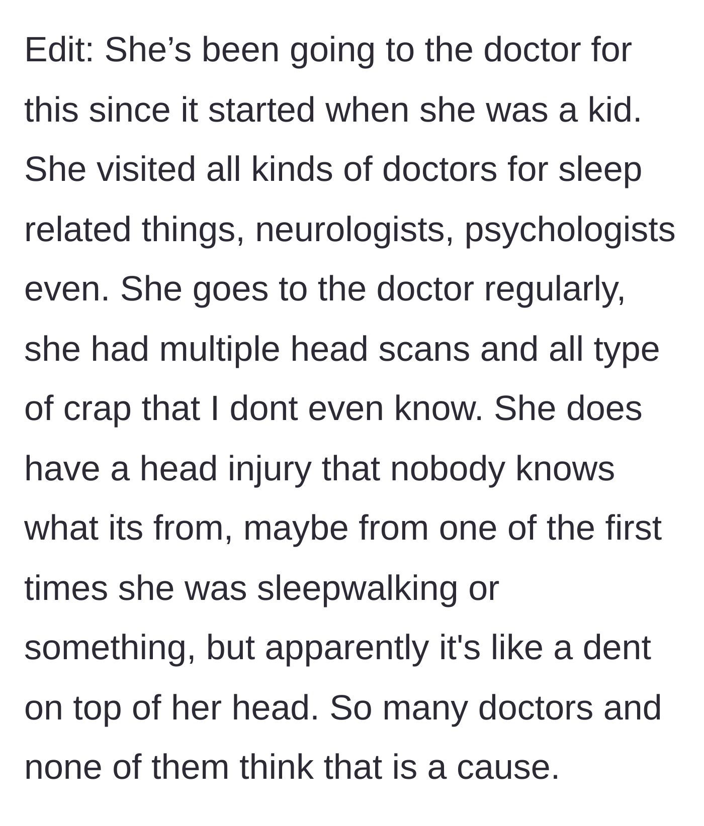 Story part 11 - Husband details the wife's lifetime of doctors and a mysterious dent in her head.