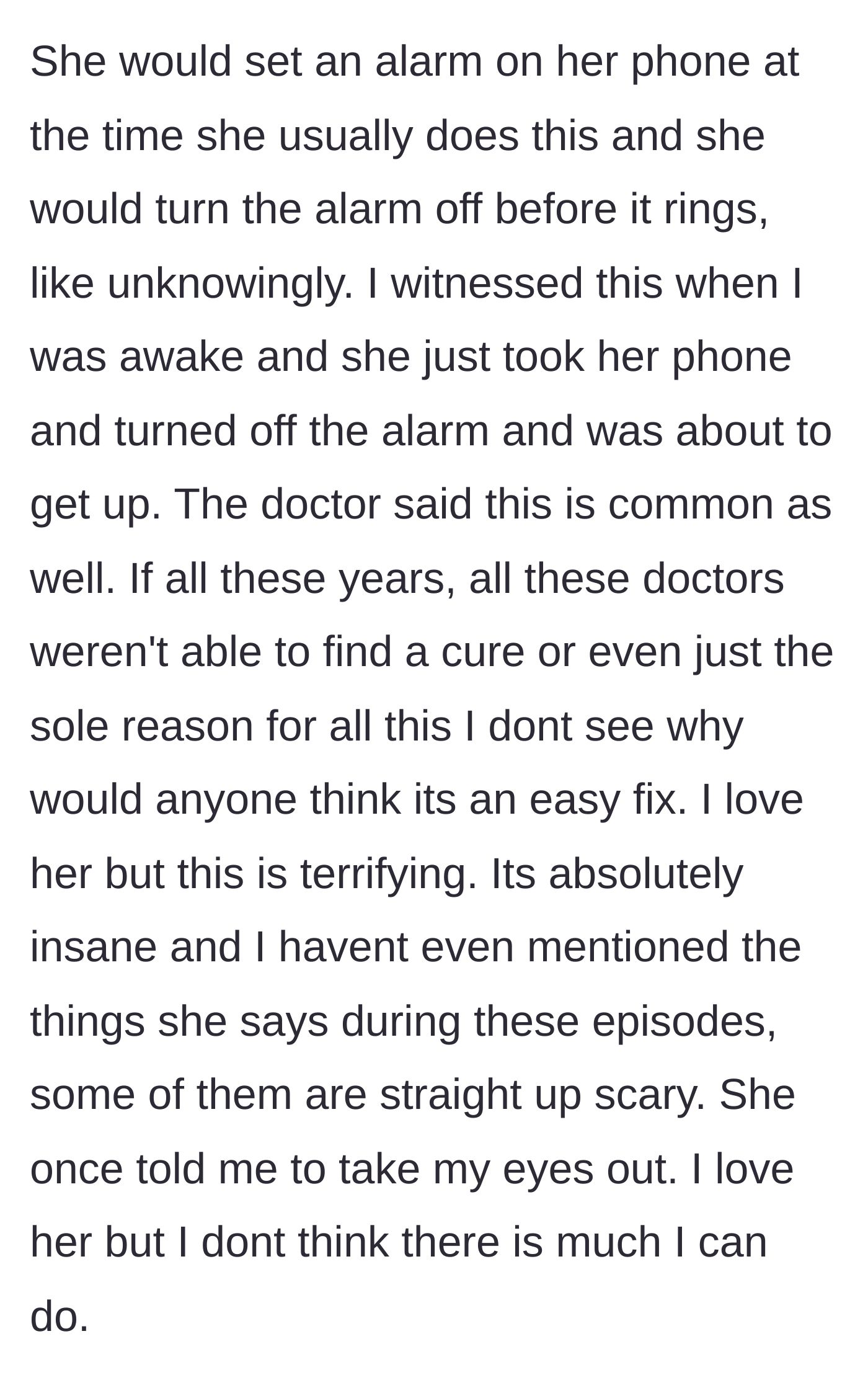 Story part 13 - Wife turns off alarms in her sleep and tells her husband to take his eyes out.