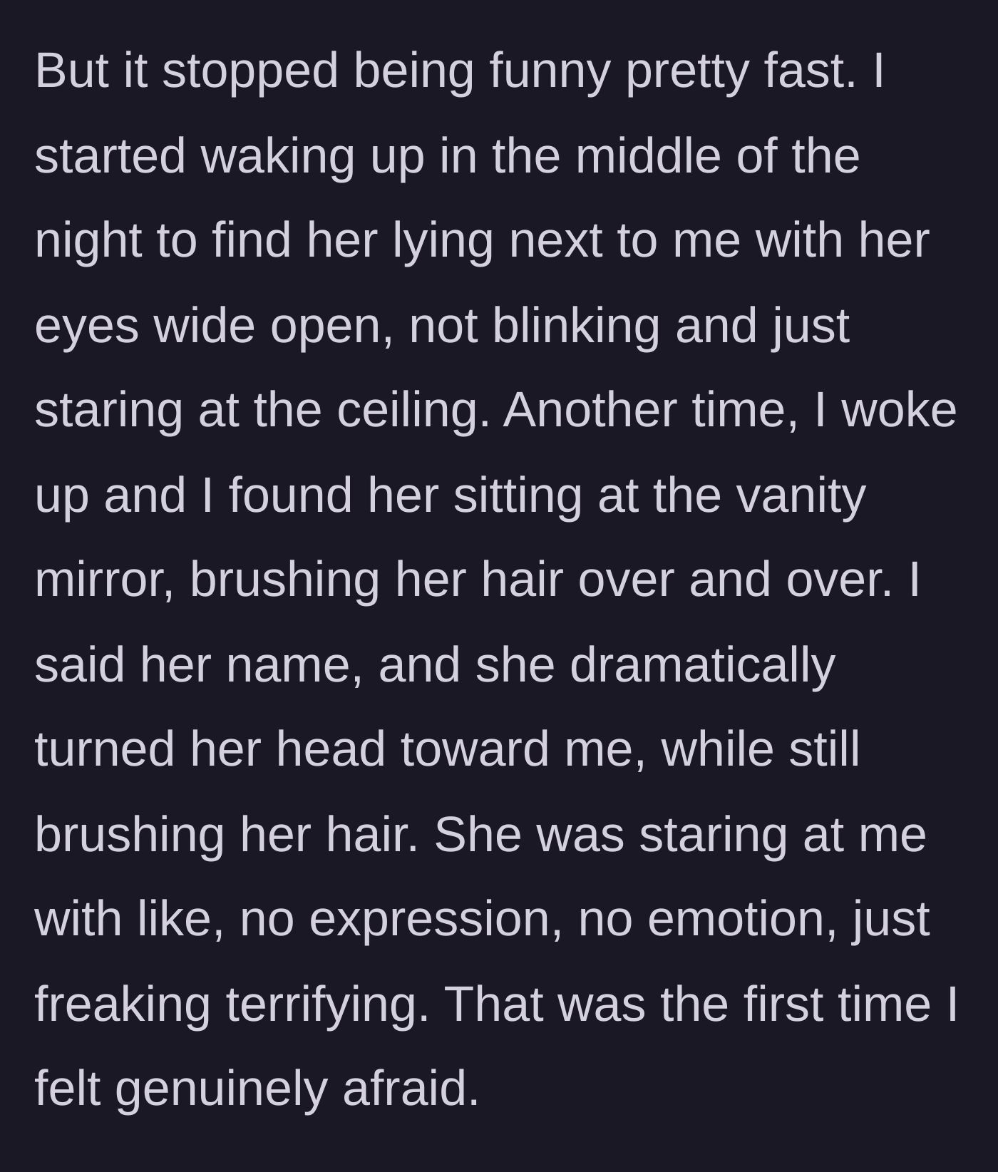 Story part 3 - Wife brushing her hair at the mirror with a blank expression.