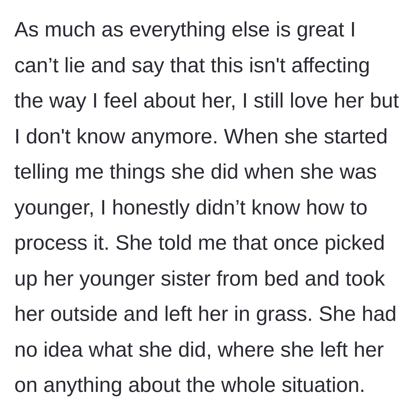 Story part 9 - Wife confesses to abandoning her little sister in the grass as a child while sleepwalking.