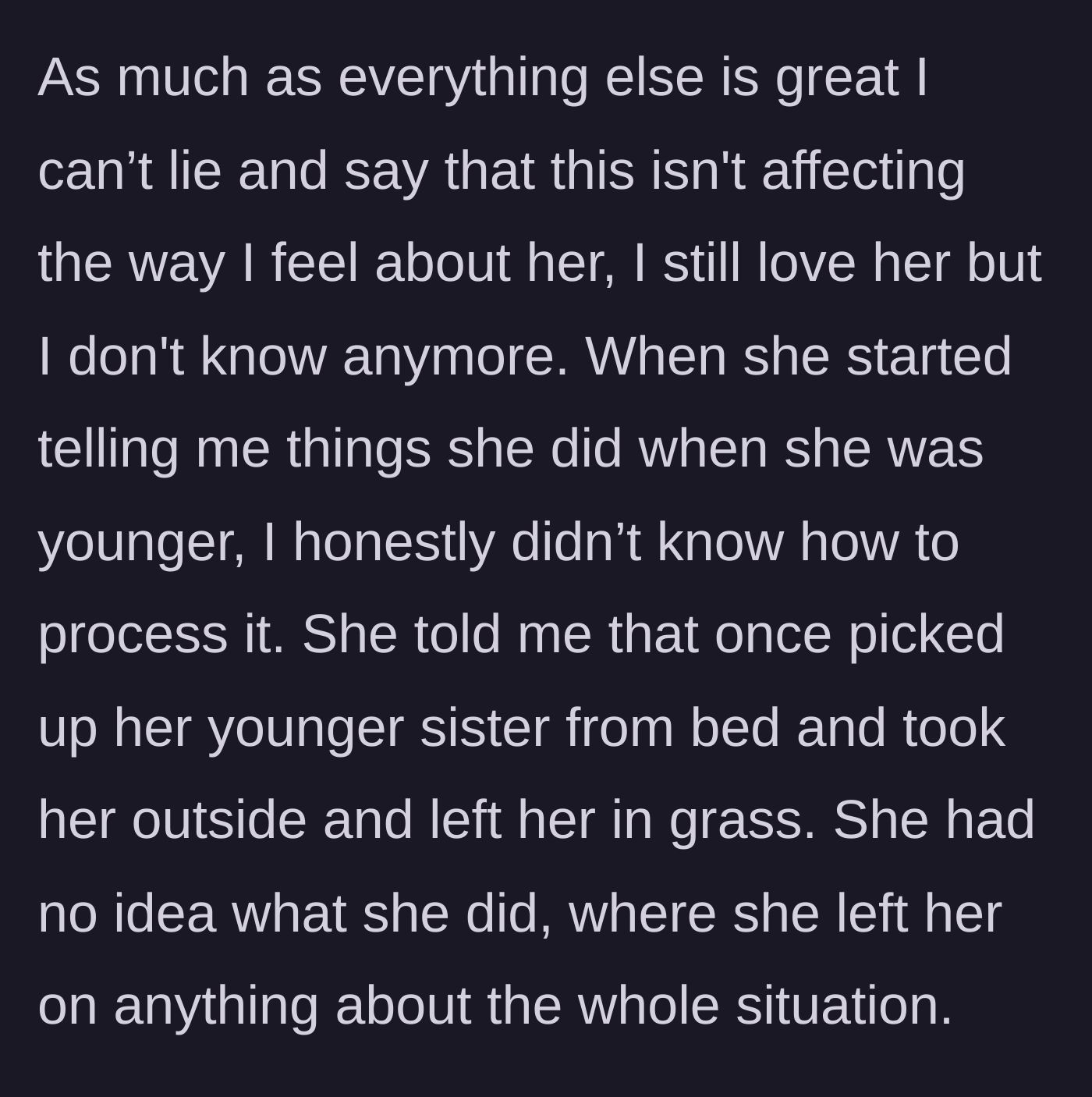 Story part 9 - Wife confesses to abandoning her little sister in the grass as a child while sleepwalking.