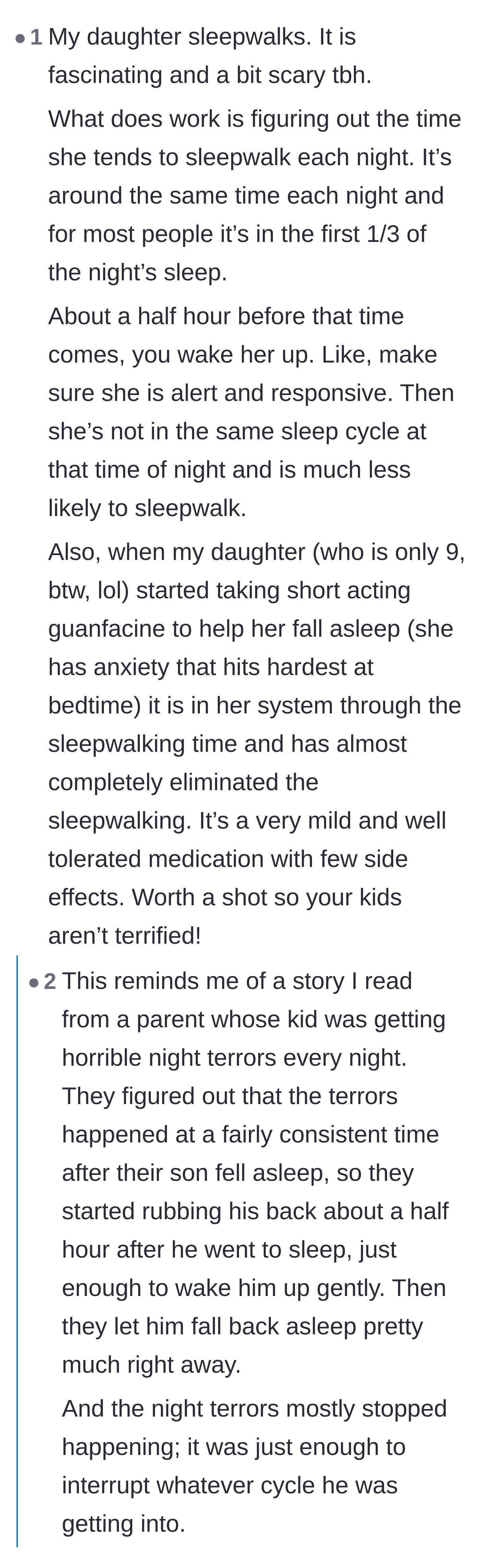 Comment thread 1 - Readers share advice on disrupting sleep cycles and using specific medications to stop sleepwalking.
