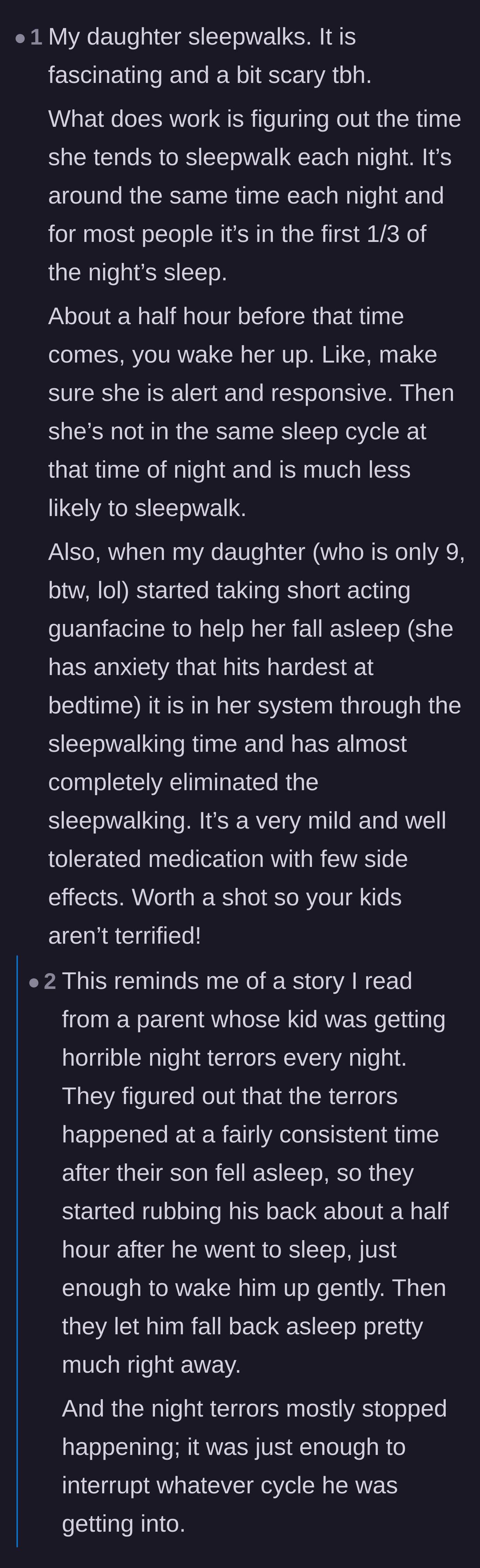 Comment thread 1 - Readers share advice on disrupting sleep cycles and using specific medications to stop sleepwalking.