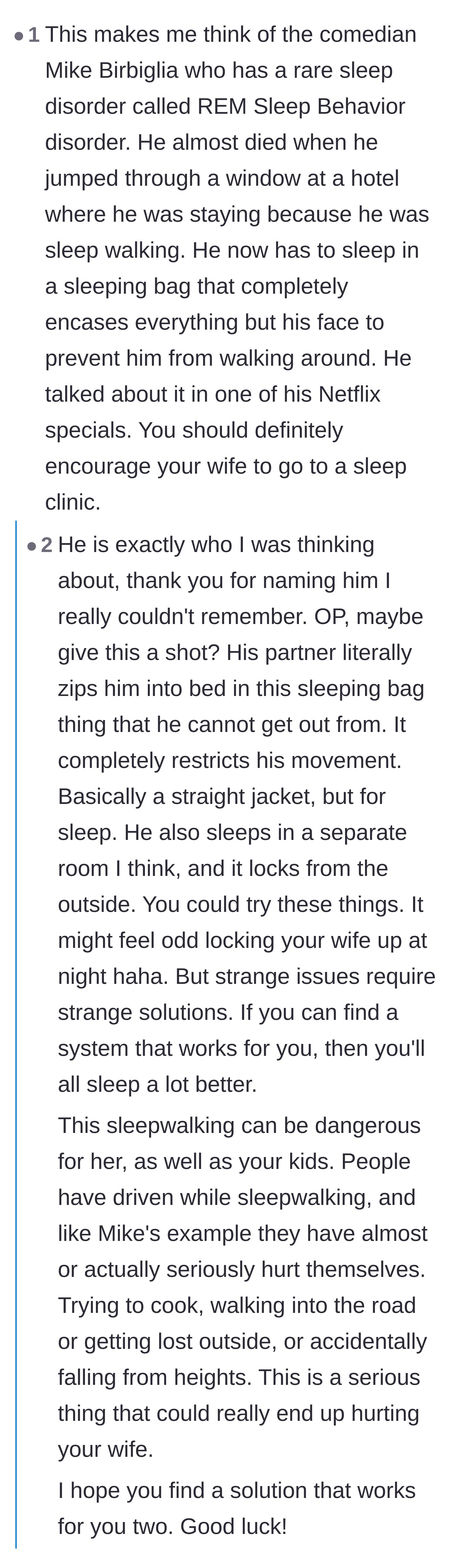 Comment thread 2 - Readers suggest severe physical restraints like sleeping bags and share chilling stories of driving while asleep.