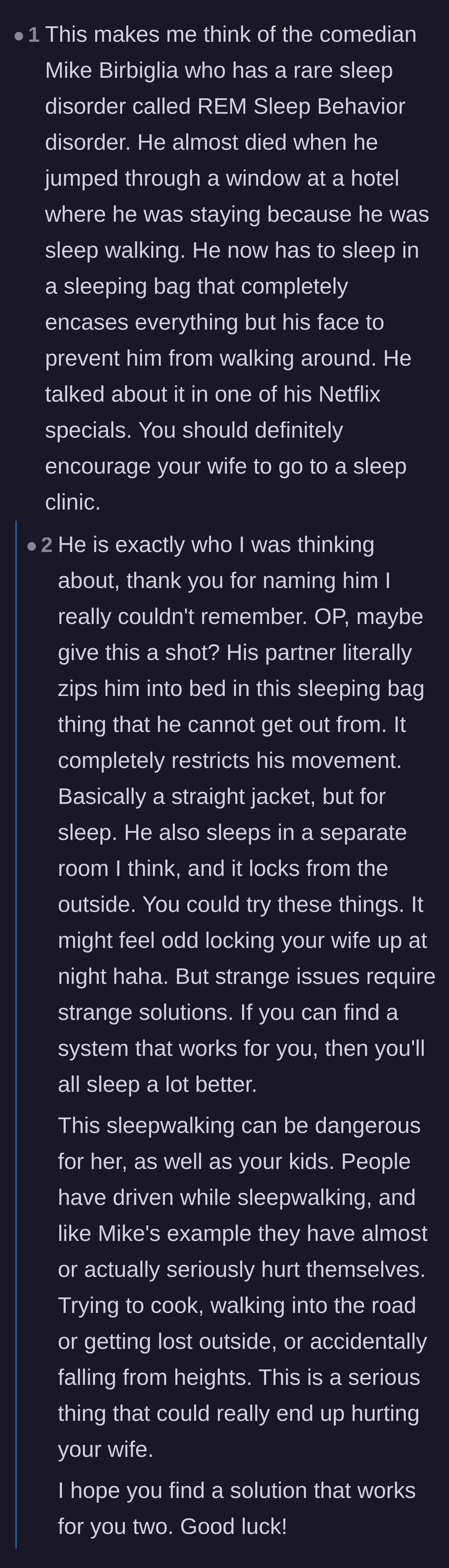 Comment thread 2 - Readers suggest severe physical restraints like sleeping bags and share chilling stories of driving while asleep.