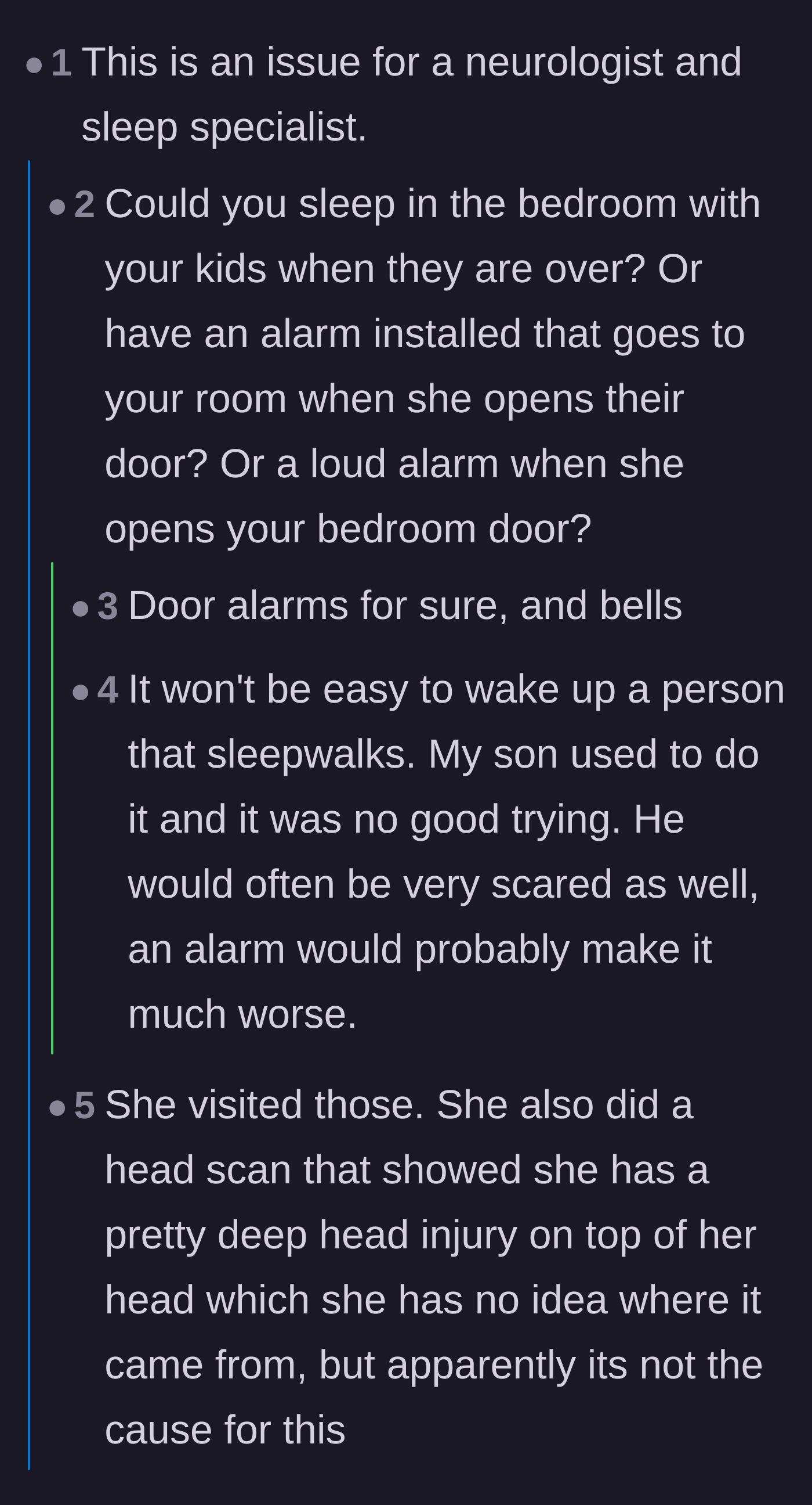 Comment thread 4 - Advice on seeking better medical advocacy and installing pressure mats or door alarms to protect the children.