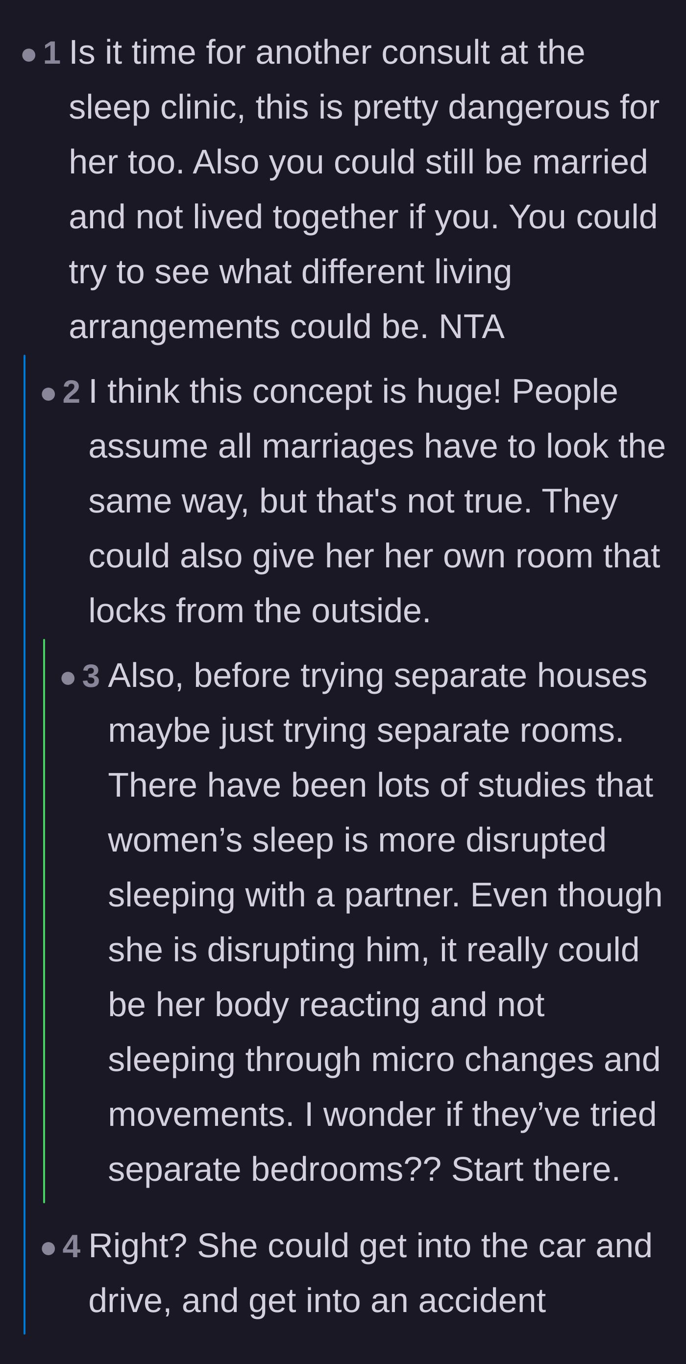 Comment thread 6 - Suggestions for the couple to maintain their marriage by living in separate houses or bedrooms.