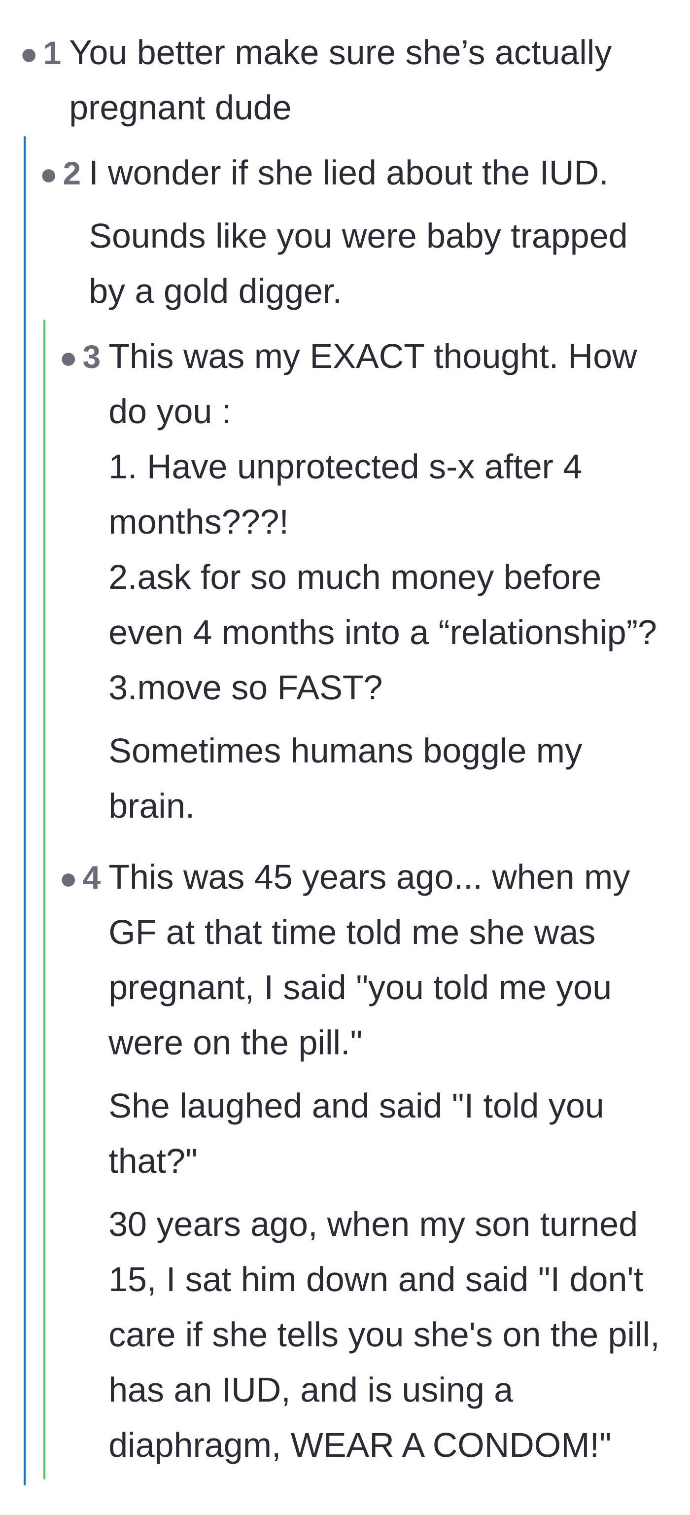 Comment thread 1 - Readers debating the highly suspicious timing of the failed IUD and how incredibly fast she introduced him to her children.