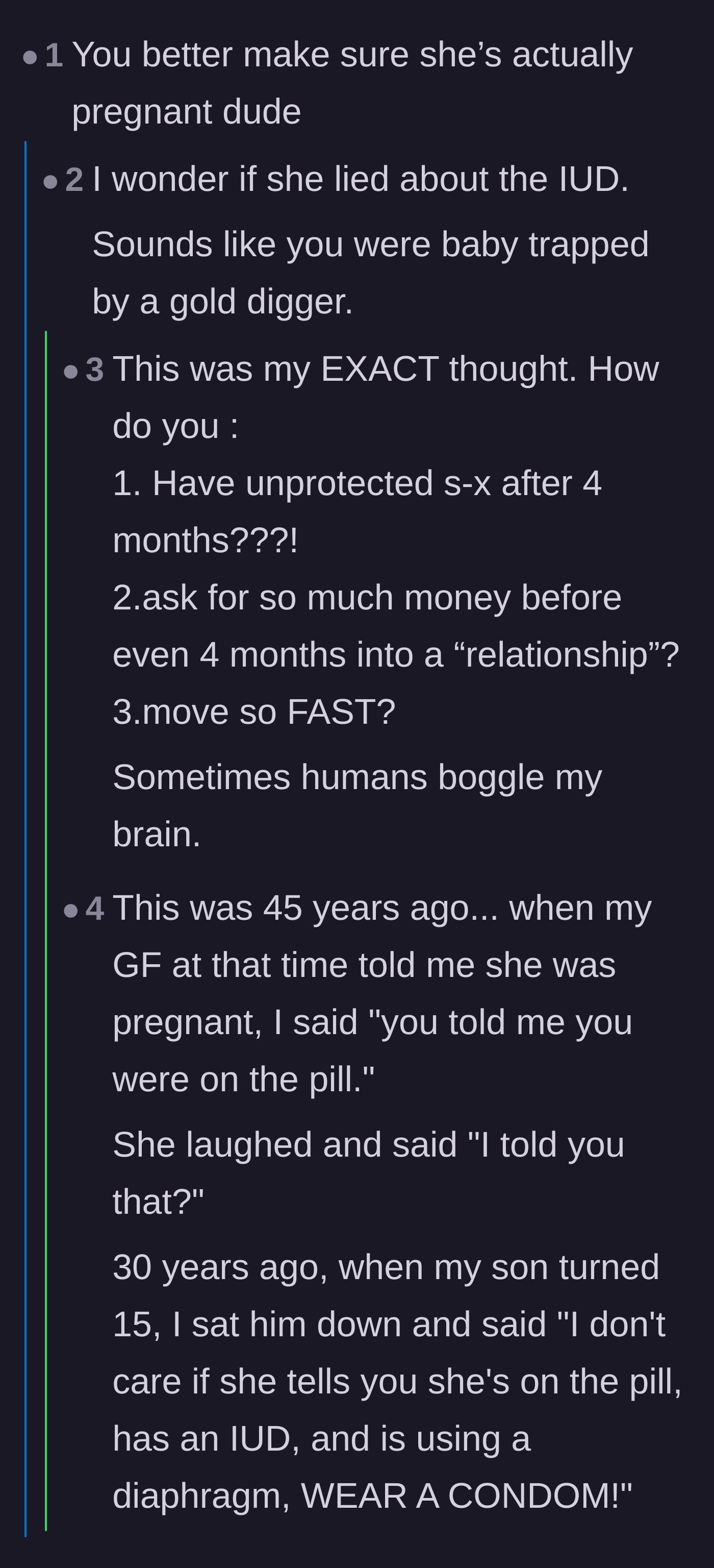 Comment thread 1 - Readers debating the highly suspicious timing of the failed IUD and how incredibly fast she introduced him to her children.