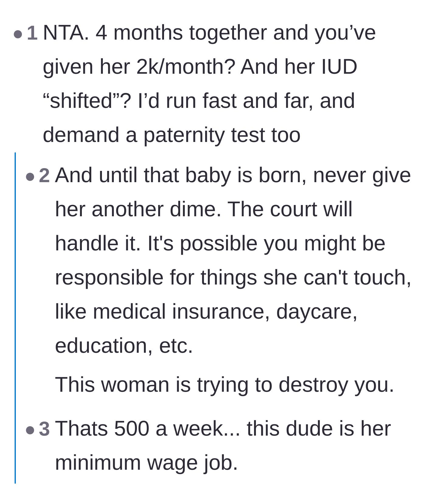Comment thread 2 - Commenters doing the math on the $2,000 a month allowance and demanding a paternity test.