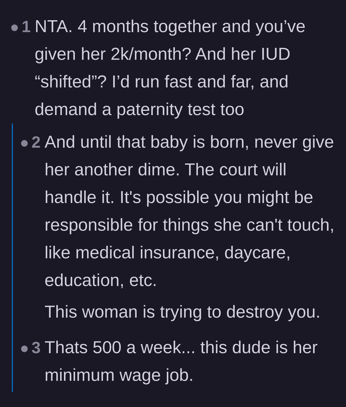 Comment thread 2 - Commenters doing the math on the $2,000 a month allowance and demanding a paternity test.