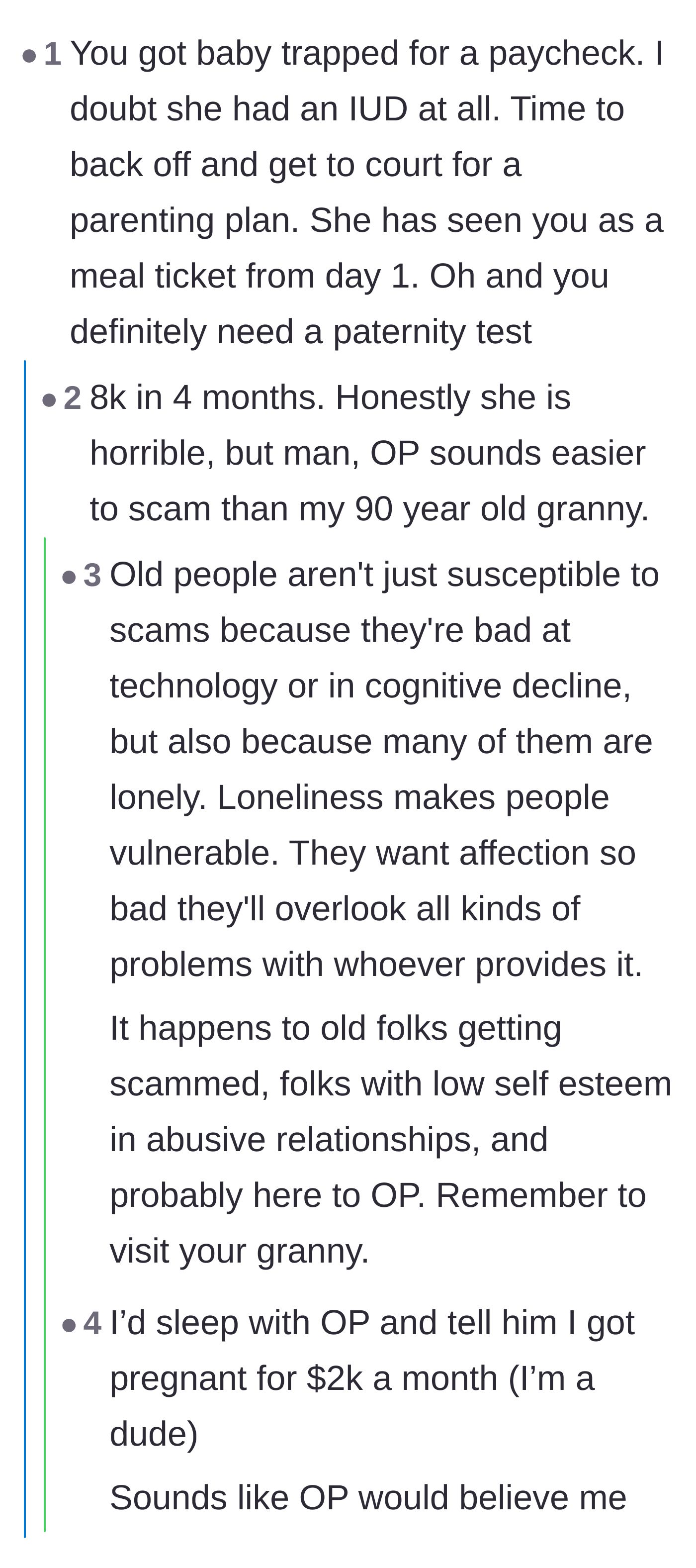 Comment thread 4 - Comparisons between the boyfriend's gullibility and the vulnerability of elderly scam victims.