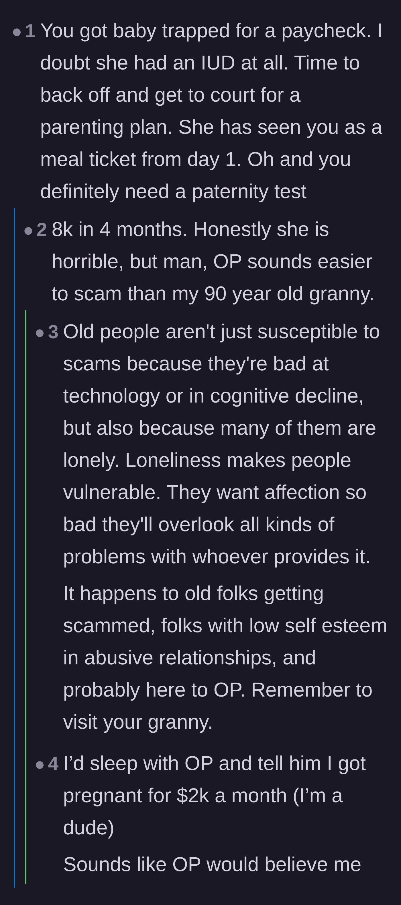 Comment thread 4 - Comparisons between the boyfriend's gullibility and the vulnerability of elderly scam victims.