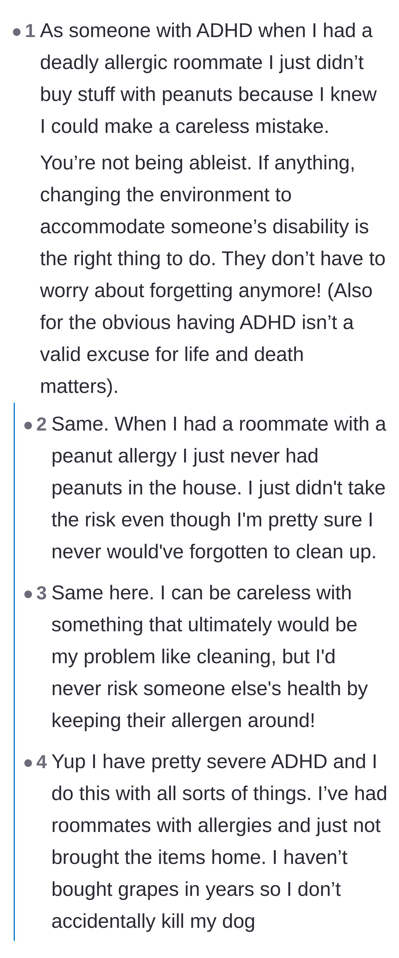 Comment thread 3 - Commenters sharing that true accommodation means just not bringing the dangerous allergen into the house at all.