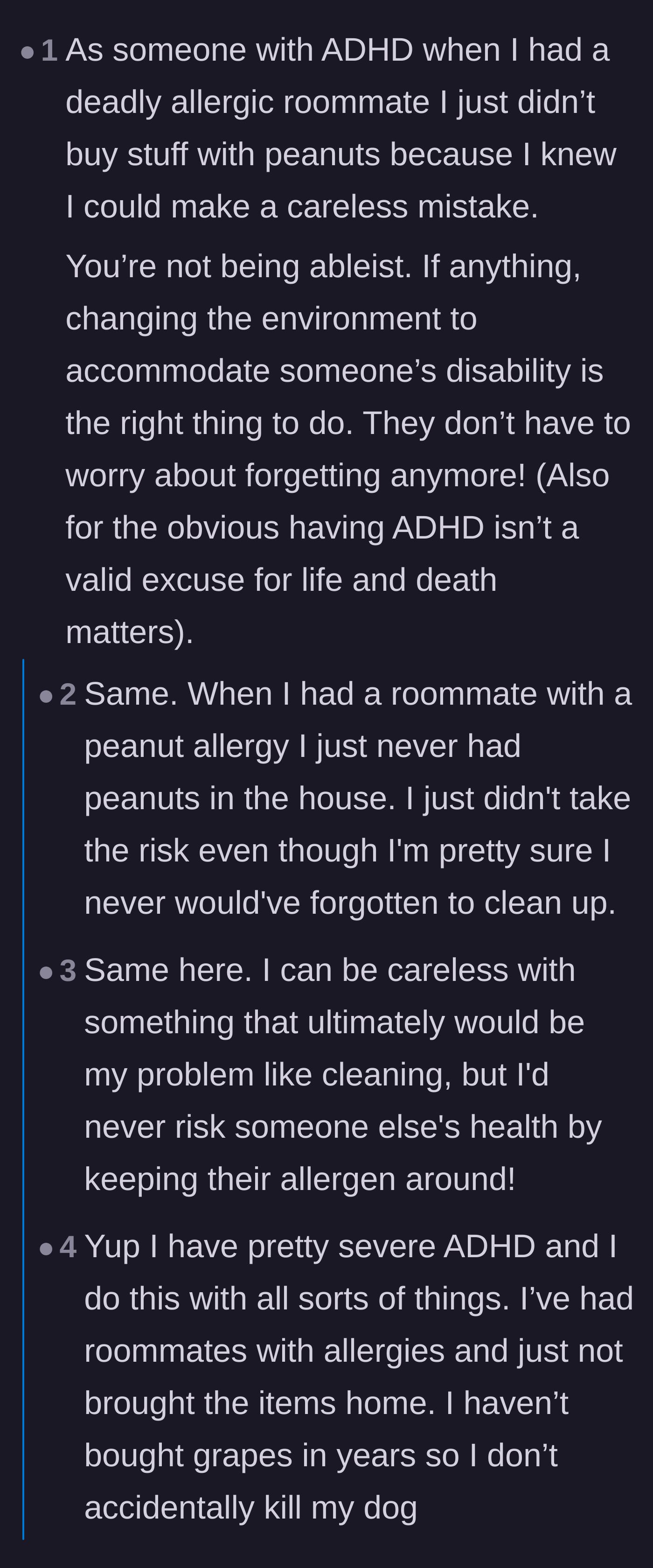 Comment thread 3 - Commenters sharing that true accommodation means just not bringing the dangerous allergen into the house at all.