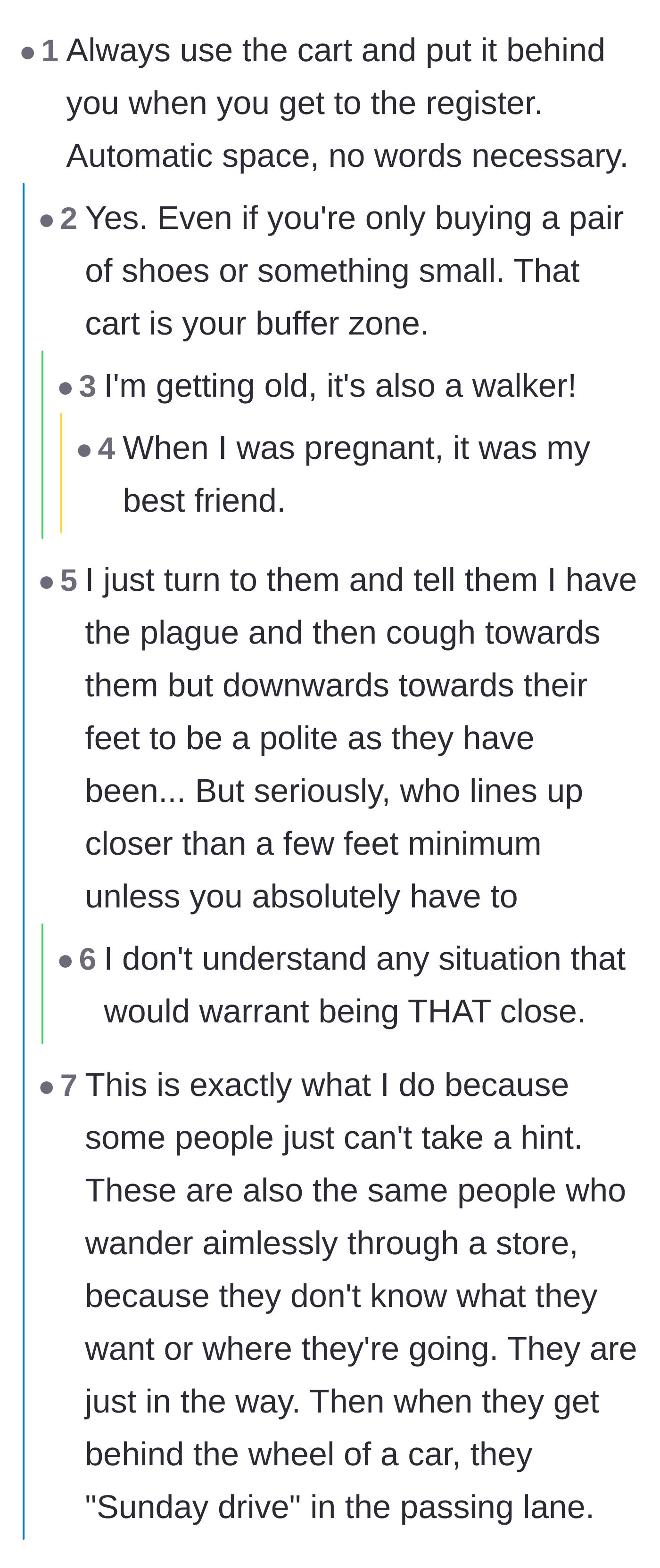 Comment thread 2 - Using a shopping cart as a physical shield to maintain a guaranteed buffer zone in queues.