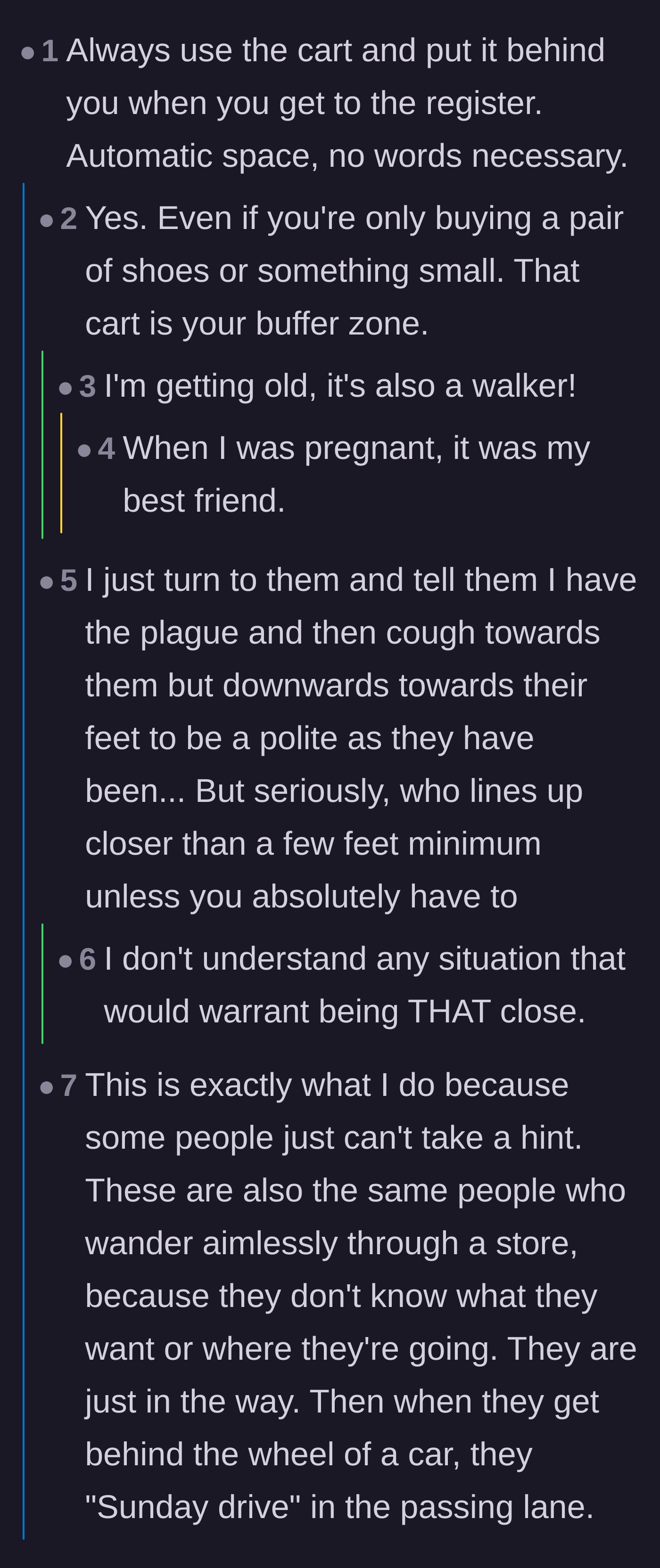 Comment thread 2 - Using a shopping cart as a physical shield to maintain a guaranteed buffer zone in queues.