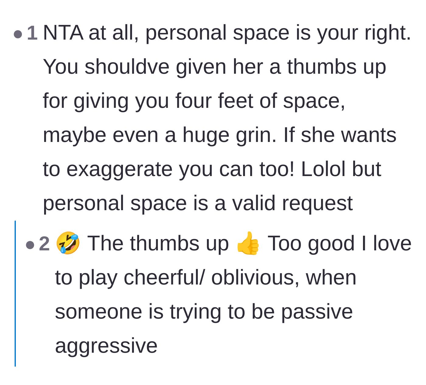 Comment thread 5 - Suggesting a cheerfully oblivious thumbs-up in response to the older woman's theatrical step back.