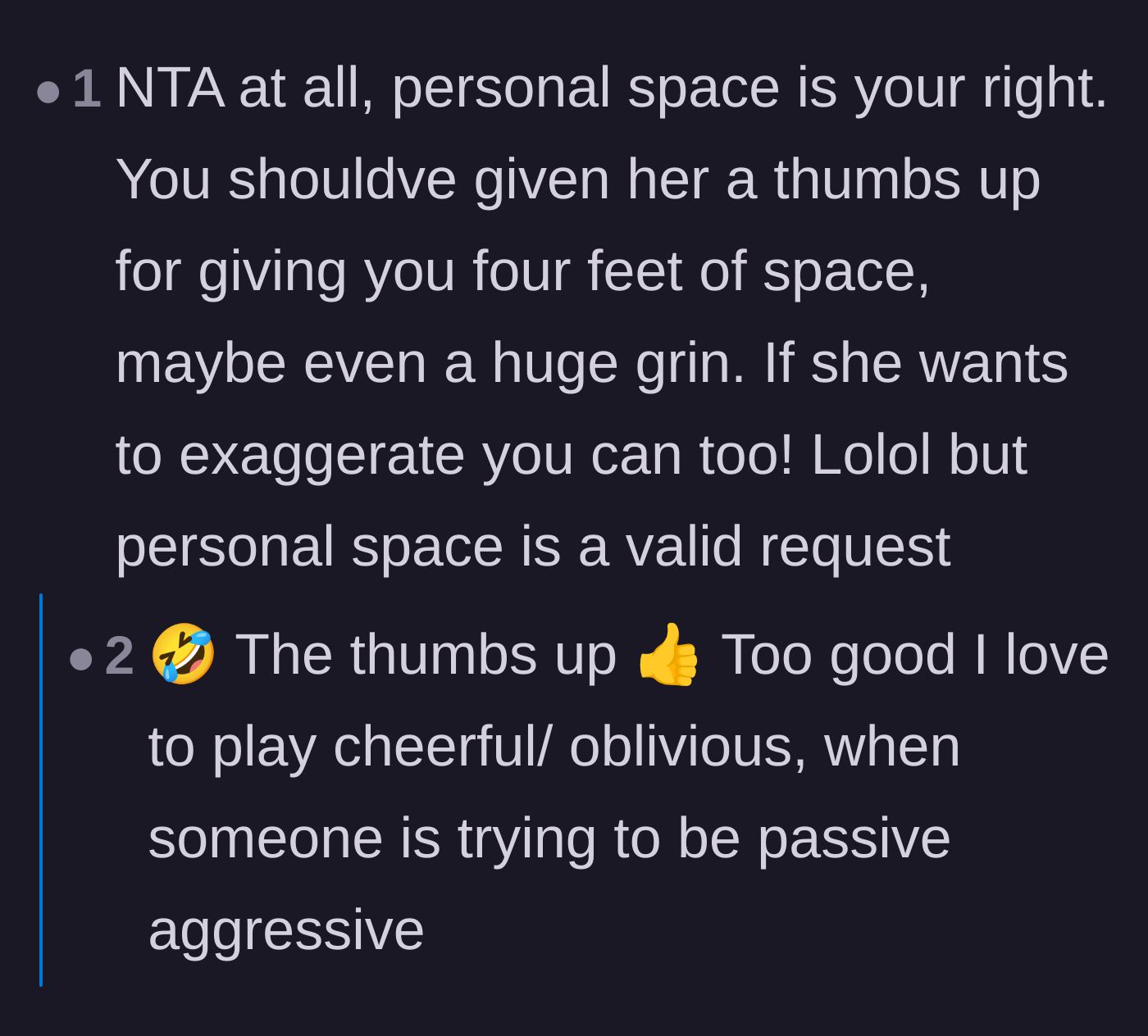 Comment thread 5 - Suggesting a cheerfully oblivious thumbs-up in response to the older woman's theatrical step back.