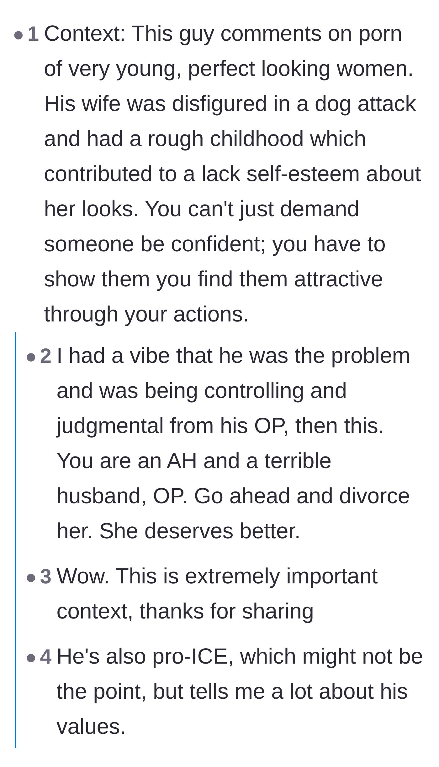 Comment thread 1 - A user exposes the husband's comment history, revealing his wife's trauma from a dog attack and his contradictory porn habits.