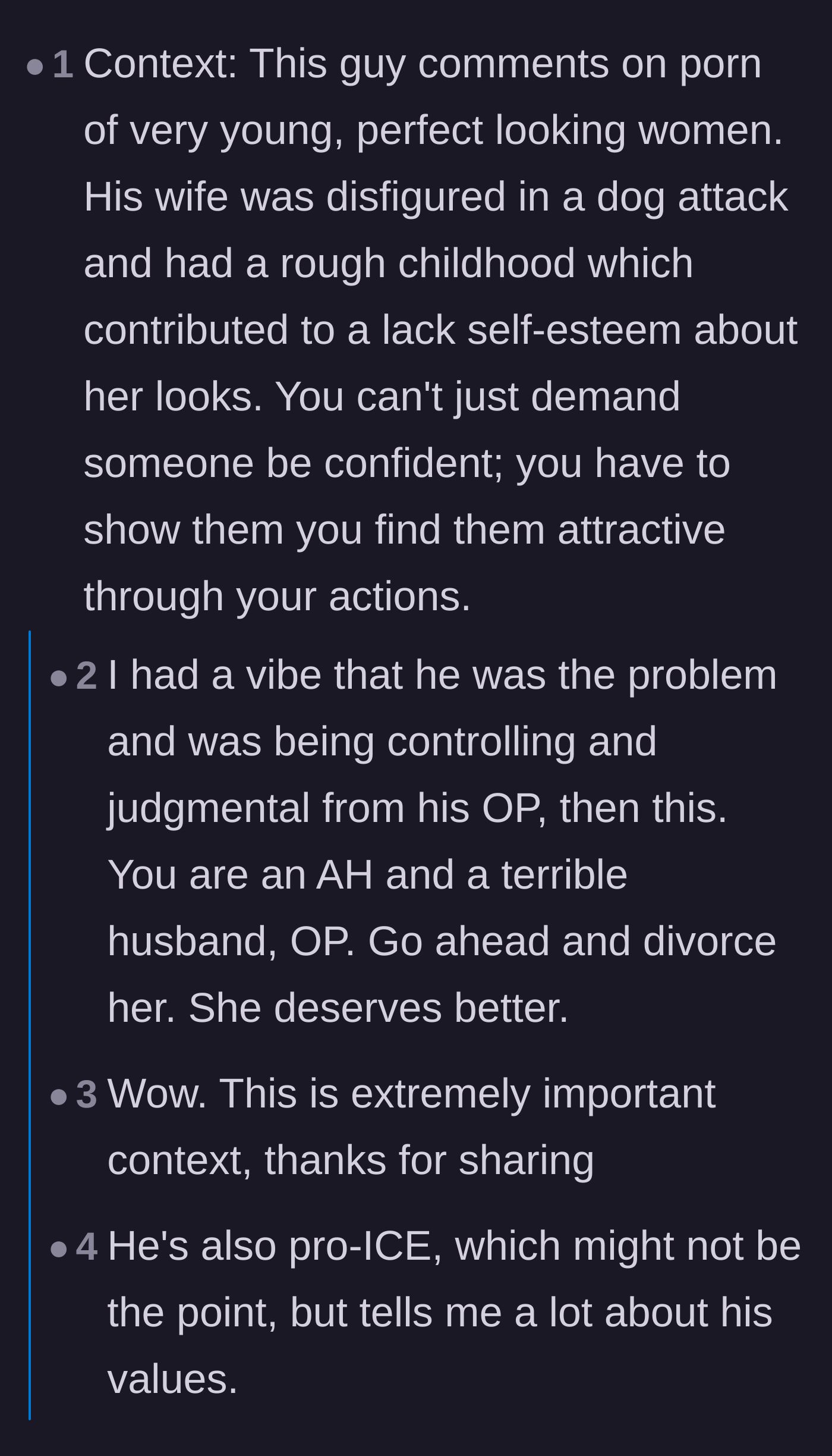 Comment thread 1 - A user exposes the husband's comment history, revealing his wife's trauma from a dog attack and his contradictory porn habits.
