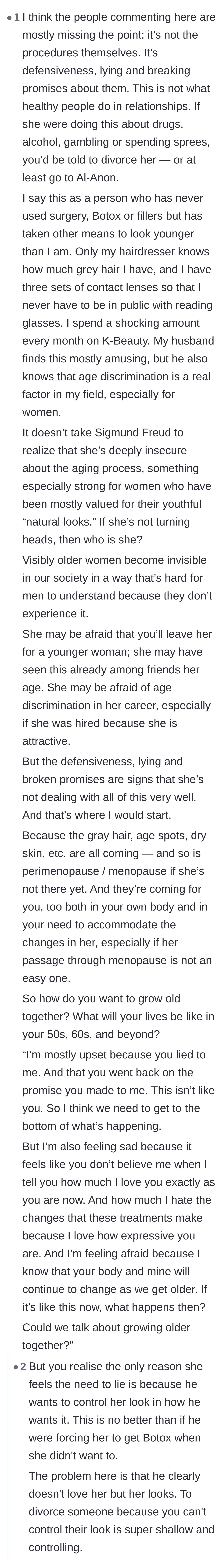 Comment thread 3 - A deep discussion about the immense societal pressure on women to age perfectly, and whether the lying or the controlling behavior is the true issue.