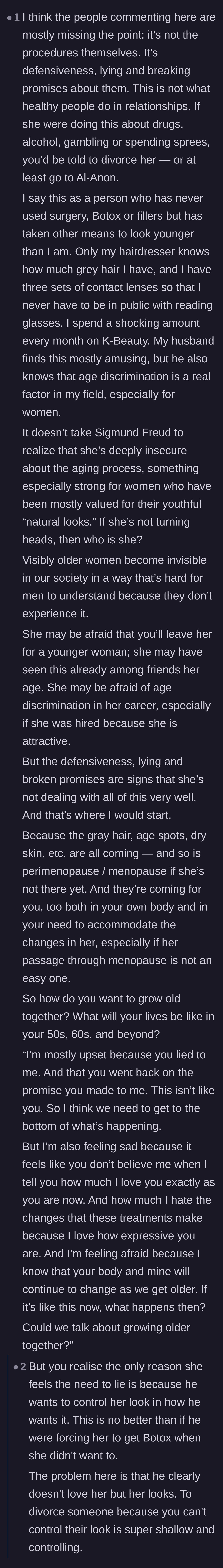 Comment thread 3 - A deep discussion about the immense societal pressure on women to age perfectly, and whether the lying or the controlling behavior is the true issue.
