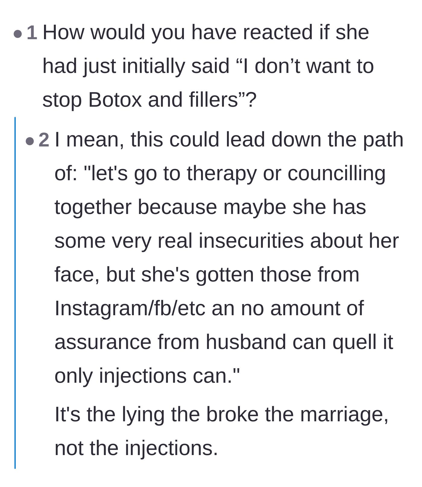 Comment thread 6 - A debate over whether the wife lied purely out of malice or out of fear of the husband's controlling reactions.