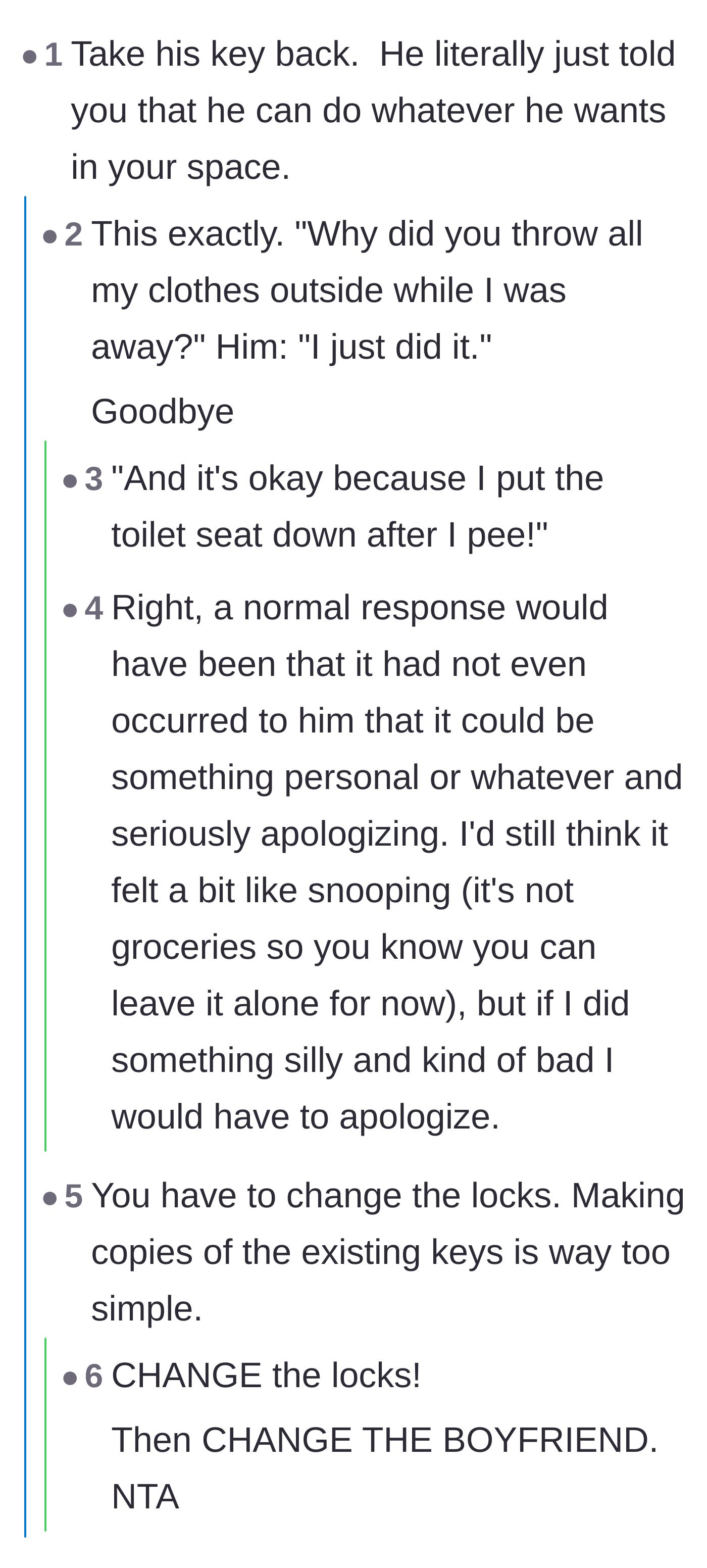 Comment thread 1 - Readers advising the main character to immediately revoke his access and change her locks.