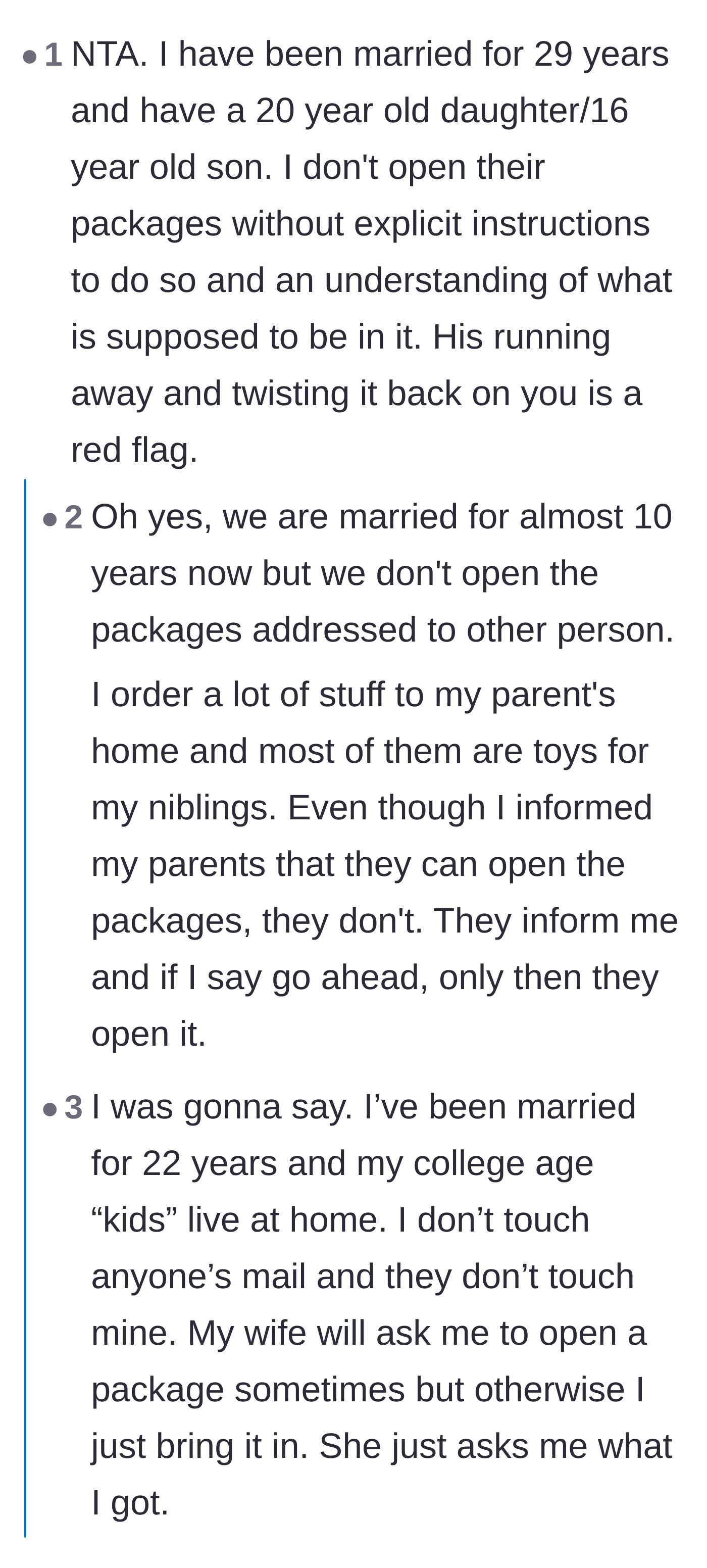 Comment thread 3 - Married couples and parents sharing that they never open each other's mail without explicit permission.