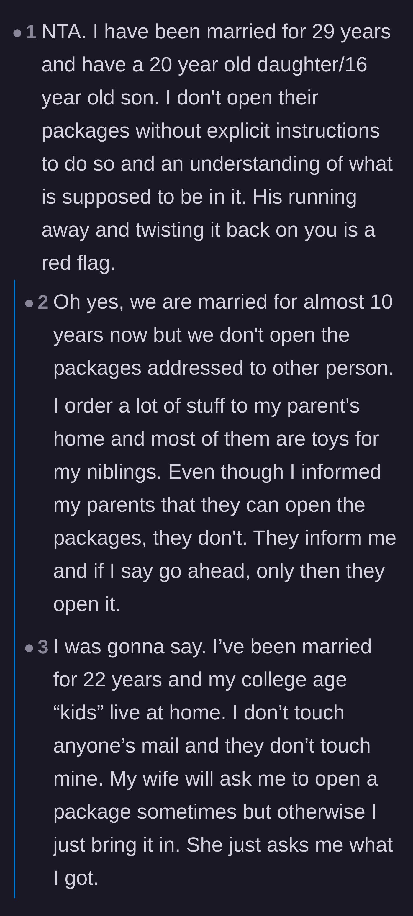 Comment thread 3 - Married couples and parents sharing that they never open each other's mail without explicit permission.
