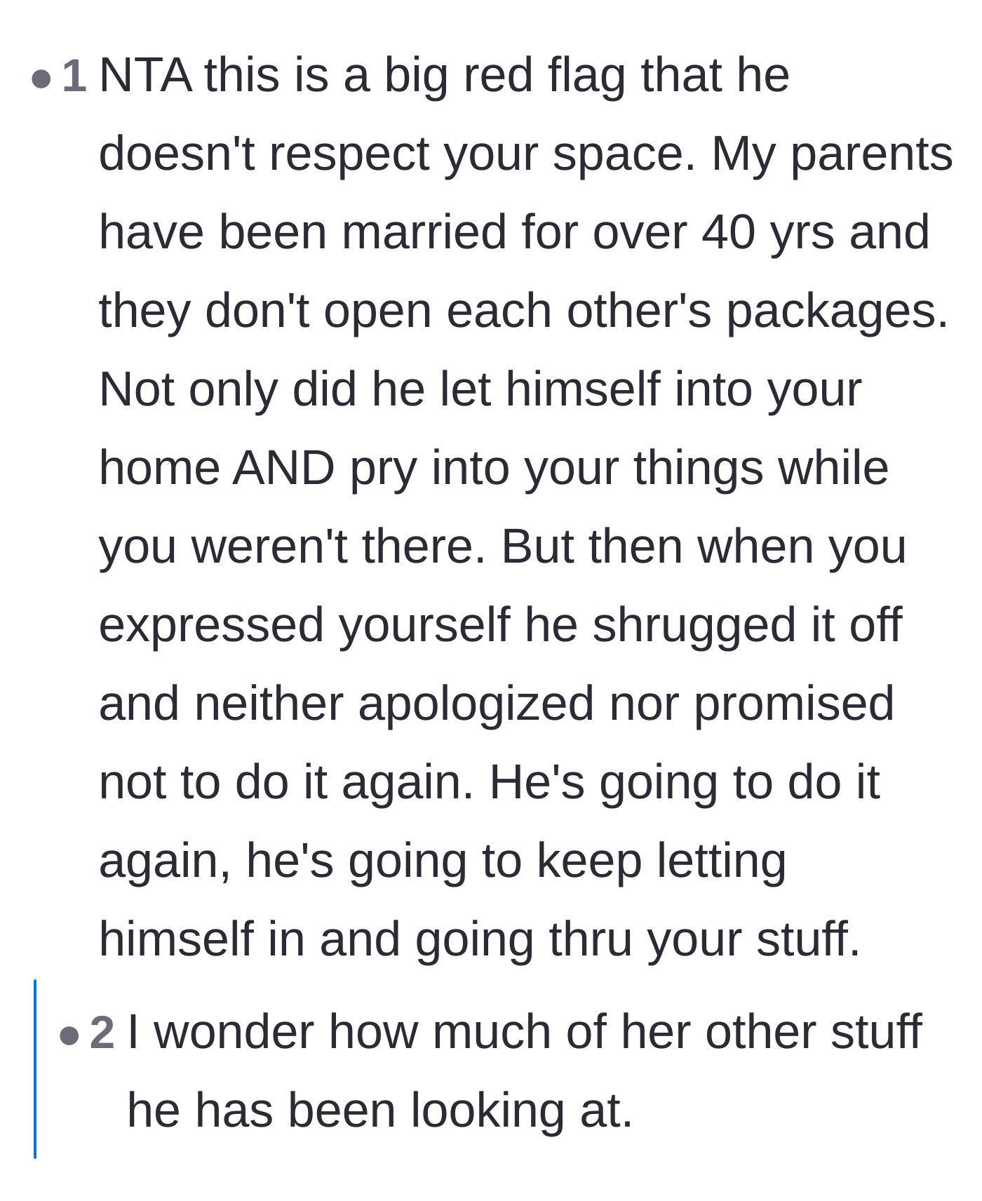 Comment thread 4 - Commenters predicting that his unapologetic attitude means he will continue to snoop through her belongings.