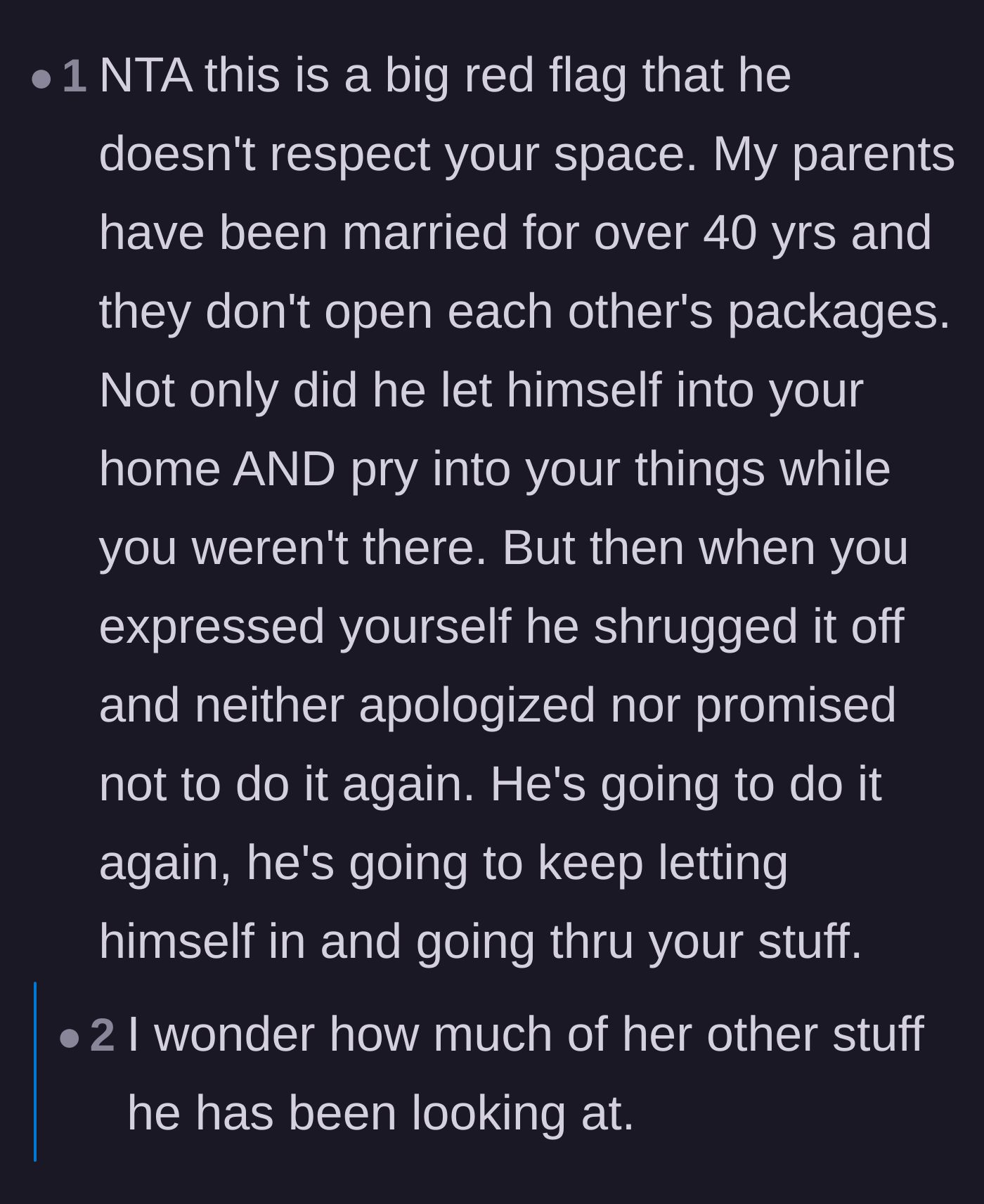 Comment thread 4 - Commenters predicting that his unapologetic attitude means he will continue to snoop through her belongings.