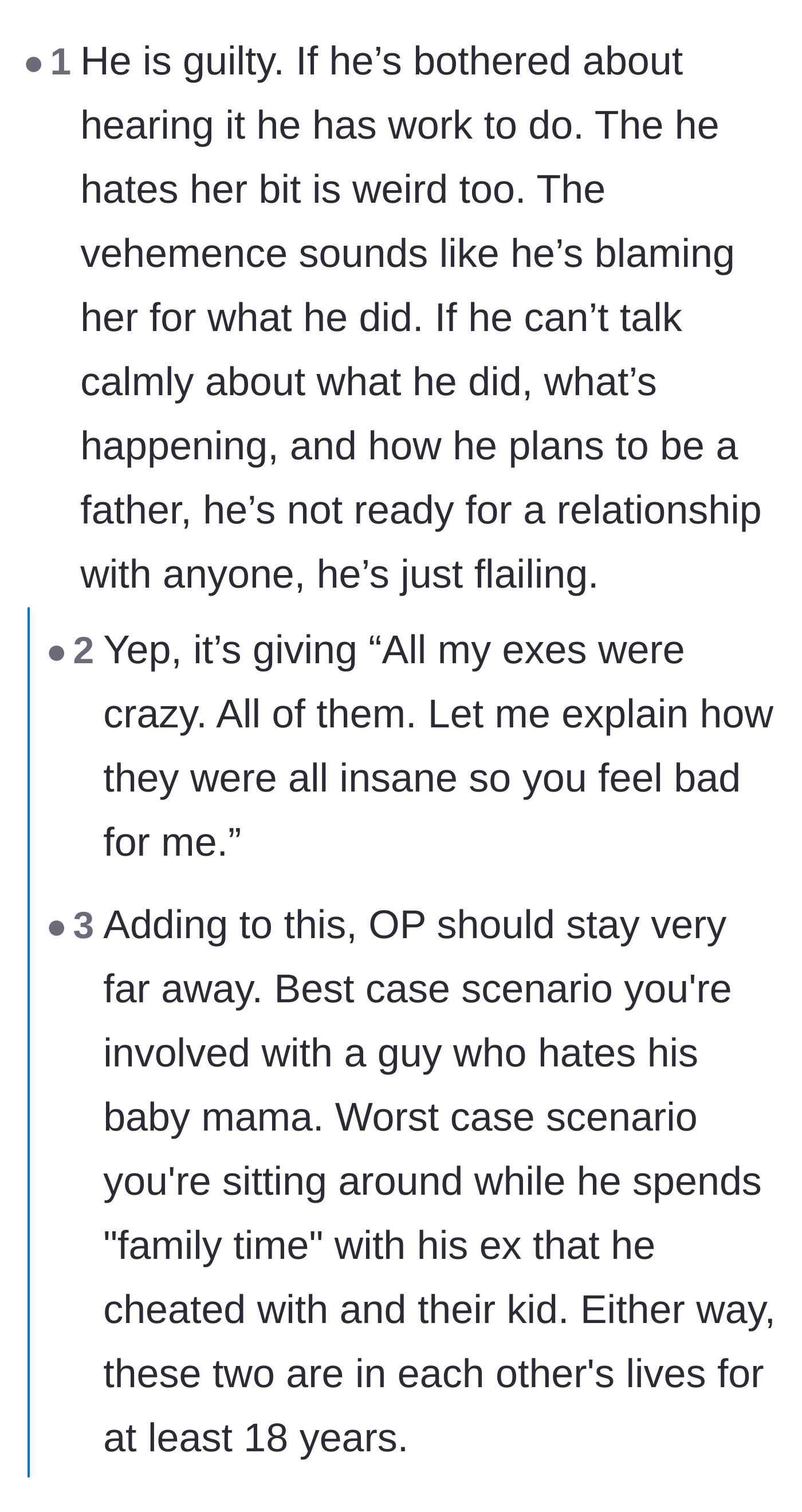 Comment thread 1 - Discussing the ex's refusal to take accountability and his deflecting behavior.