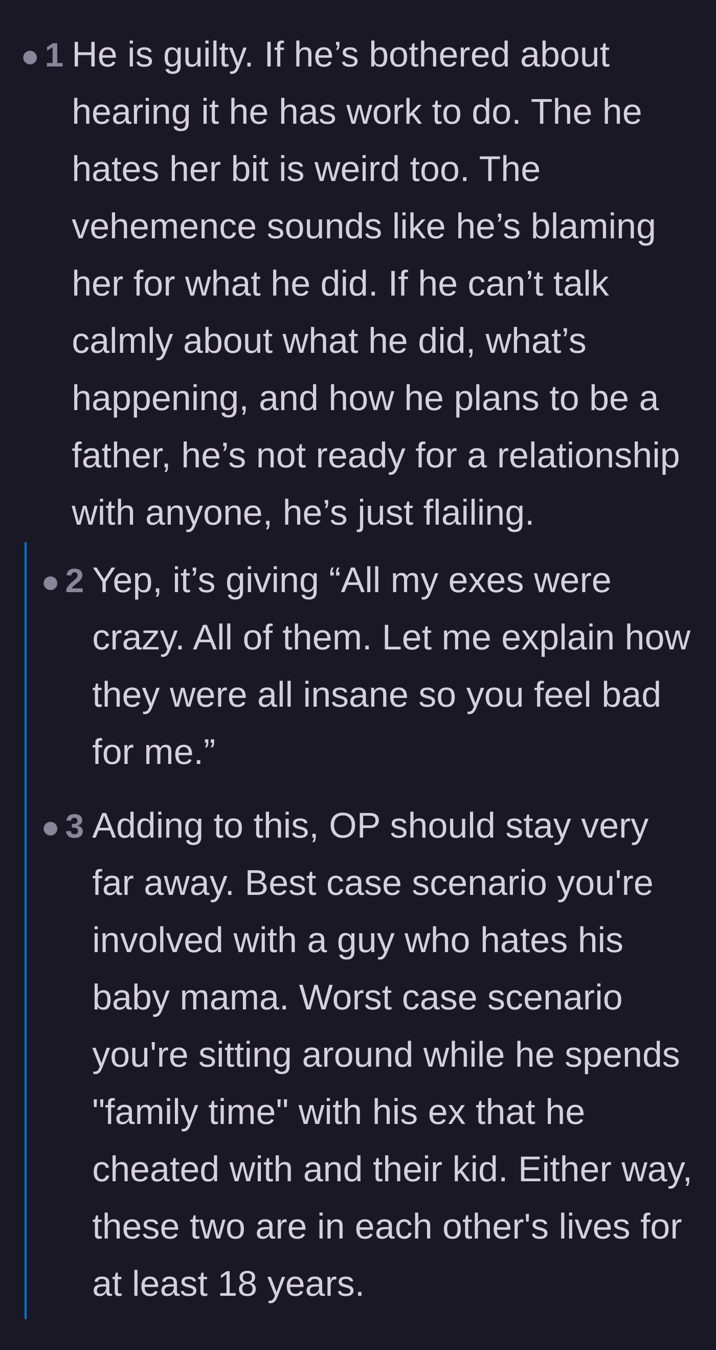 Comment thread 1 - Discussing the ex's refusal to take accountability and his deflecting behavior.
