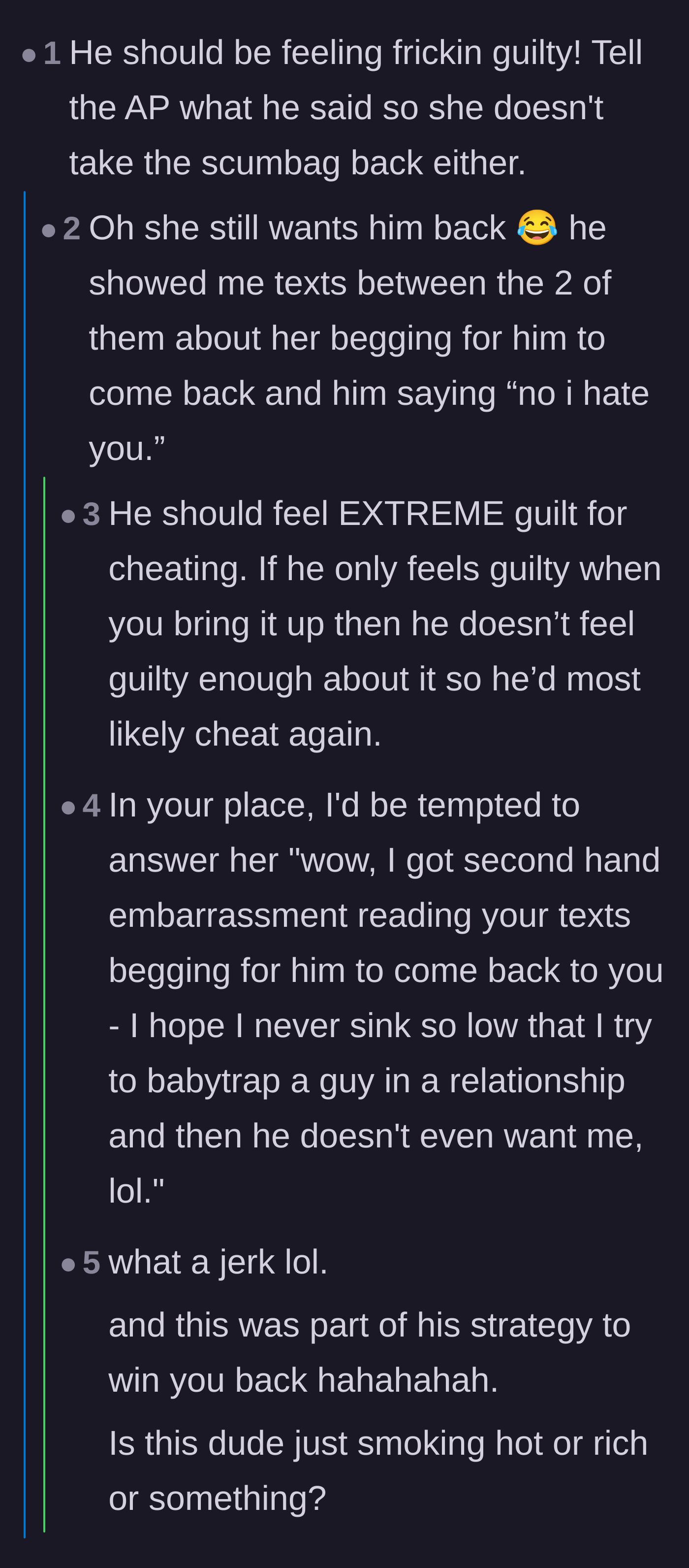 Comment thread 3 - Reactions to the affair partner begging for the ex back.